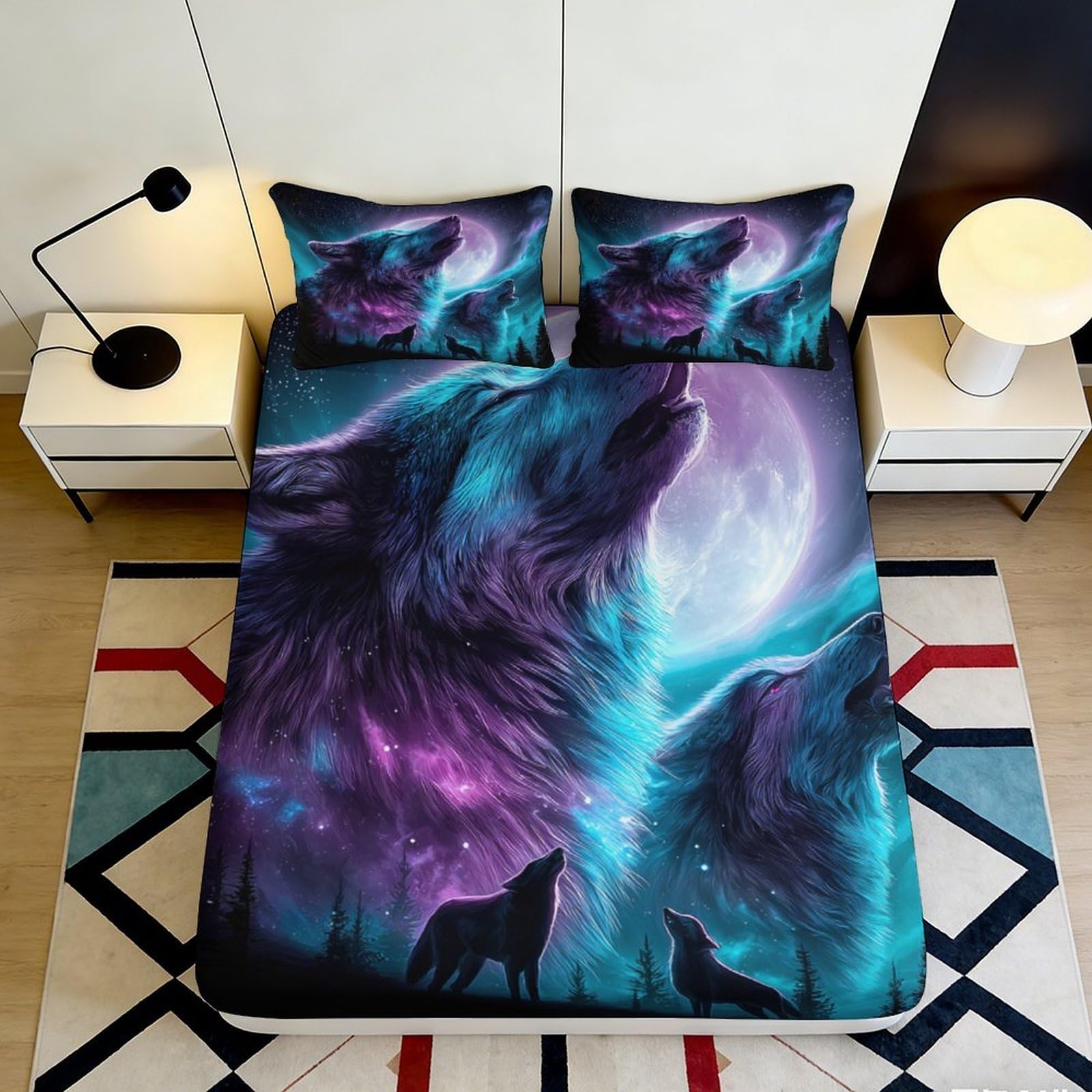 3D Printed Wolf Moon Fitted Sheet Microfiber Soft Breathable Cosmic Night Bed Cover for Bedroom Dormitory Guest Room Mattress Protection Decor 180x200x25cm