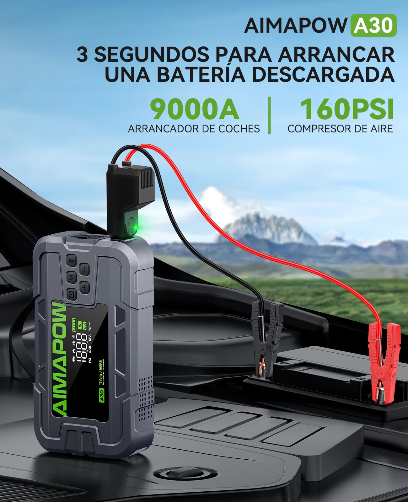 AIMAPOW Arrancador de Batería Coche 9000A 12V con Compresor 160 PSI, Arrancador de Coche Portátil para Motores Gasolina y Diésel hasta 12L, Inflador Neumáticos, Pantalla LCD y Luz LED
