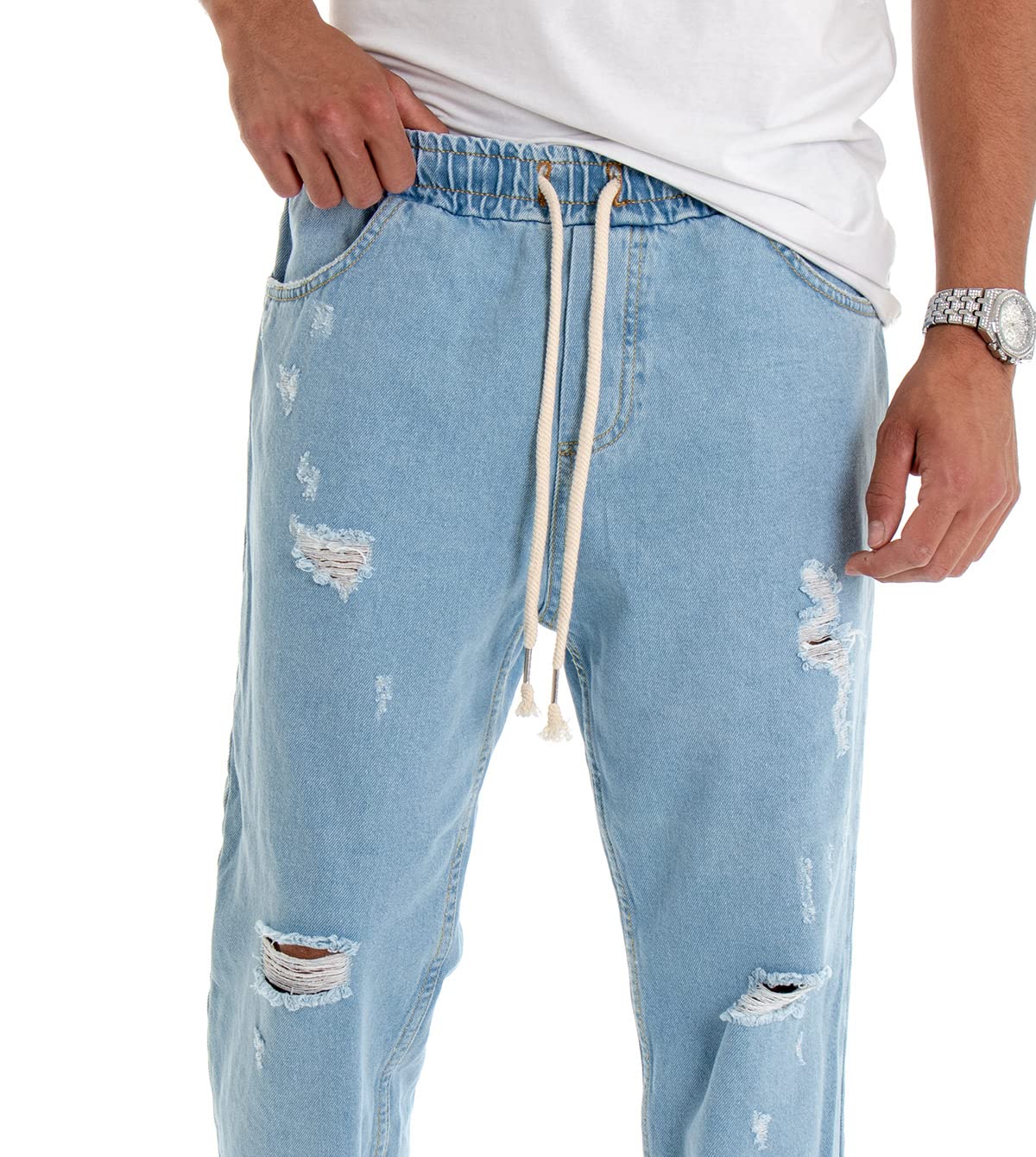 Pantalone Uomo Jeans Tinta Unita Rotture Elastico Coulisse