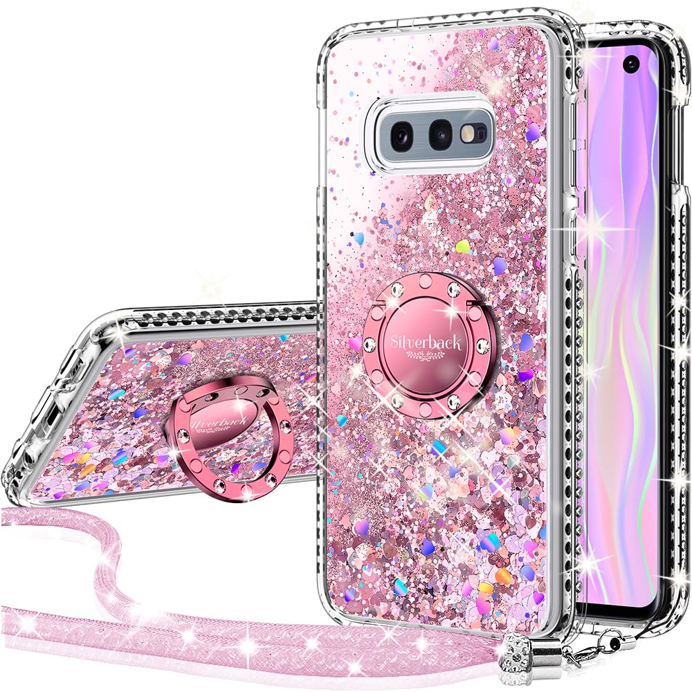 Silverback for Galaxy S10E Phone Case, Moving Liquid Holographic Sparkle Glitter Case with Stand, Bling Diamond Rhinestone Ring Stand Girls Women Case