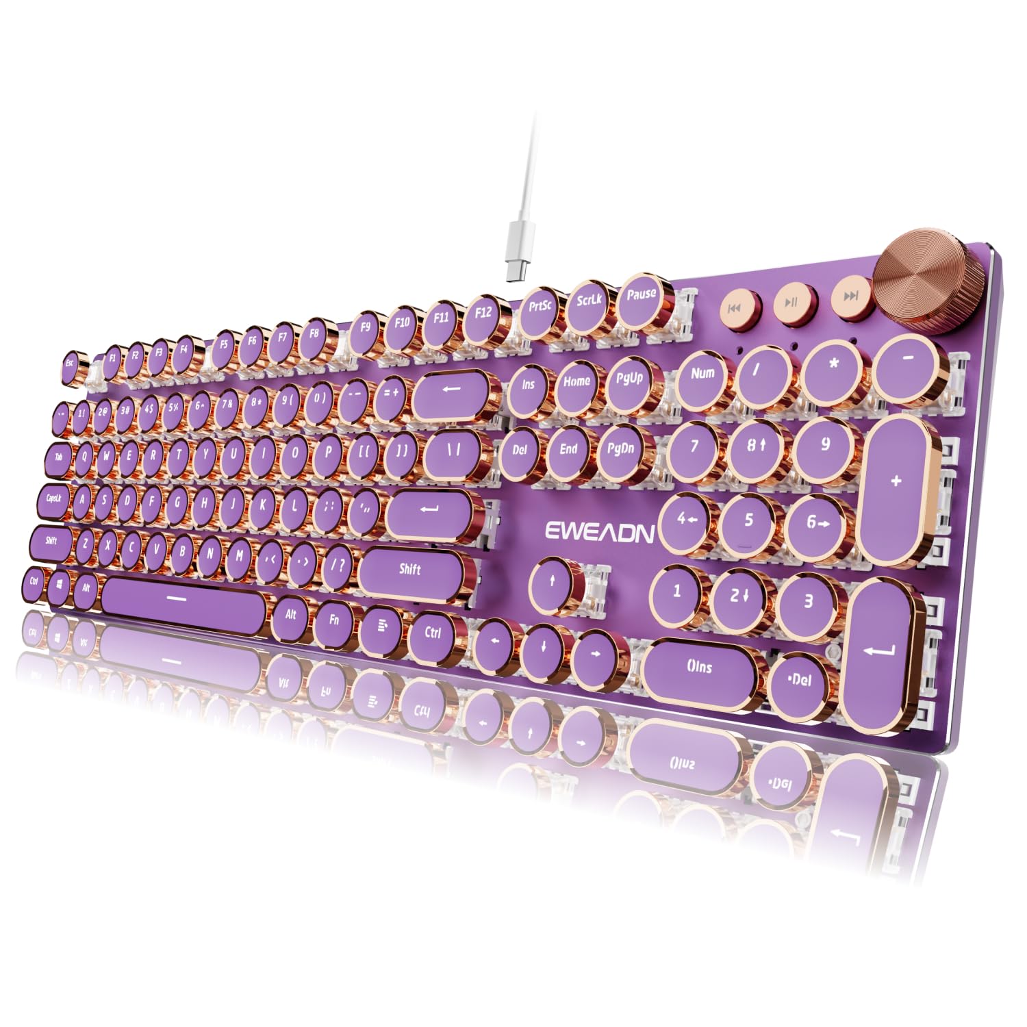EWEADN Typewriter Style Mechanical Keyboard, Wired Typewriter Keyboards,104 Keys Backlit LED Metal Keyboards, Media Control Knob, Wired Computer Keyboard Pink Switch for Windows/Mac/PC-Purple