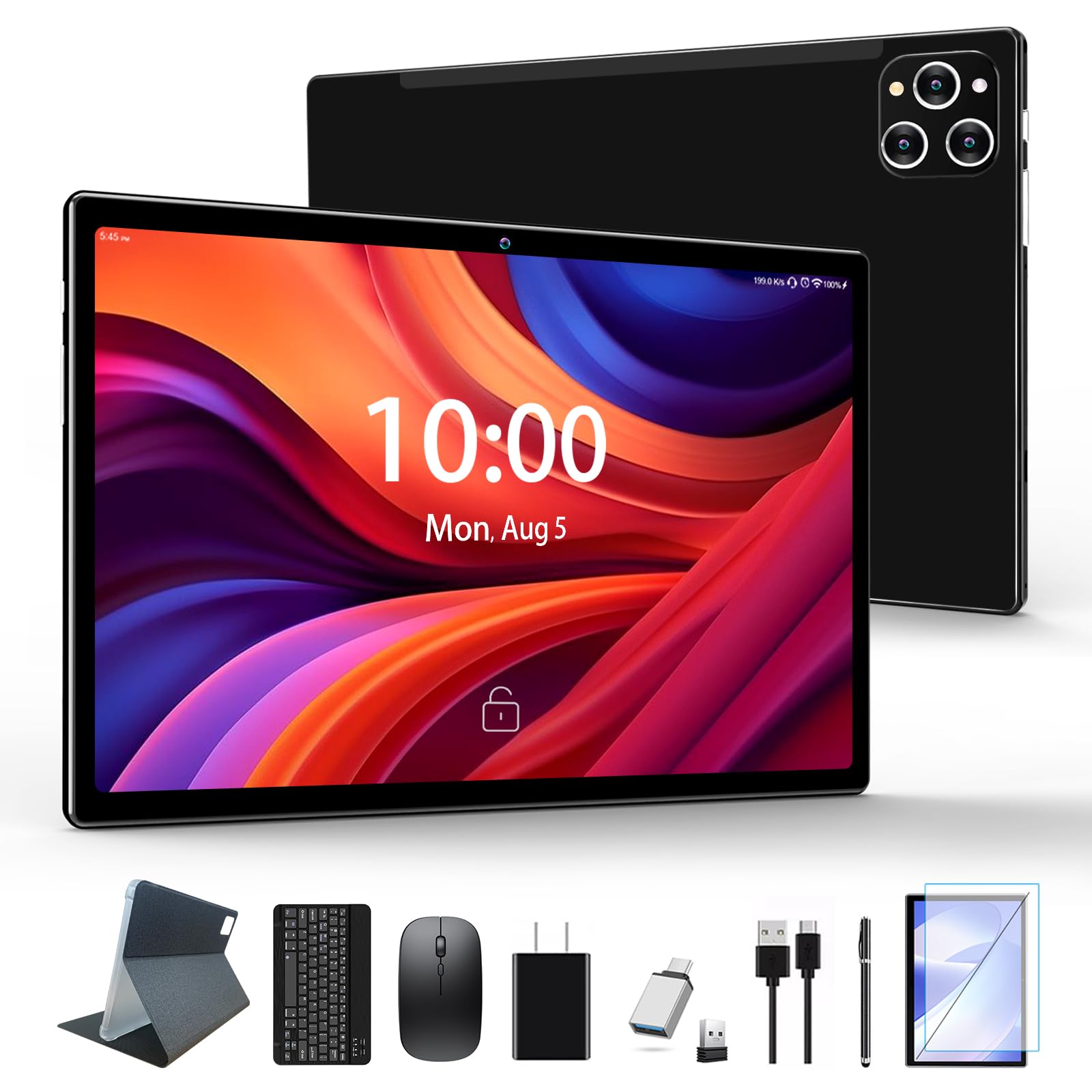 KADYBE 2025 Tablet 10 Zoll mit Tastatur, Stift und Maus, 5G WLAN Android Tablet, Octa-Core, 128GB ROM(1TB TF), 1080 LCD, 7000mAh, Google GMS-Zertifiziert, Type-C, Black