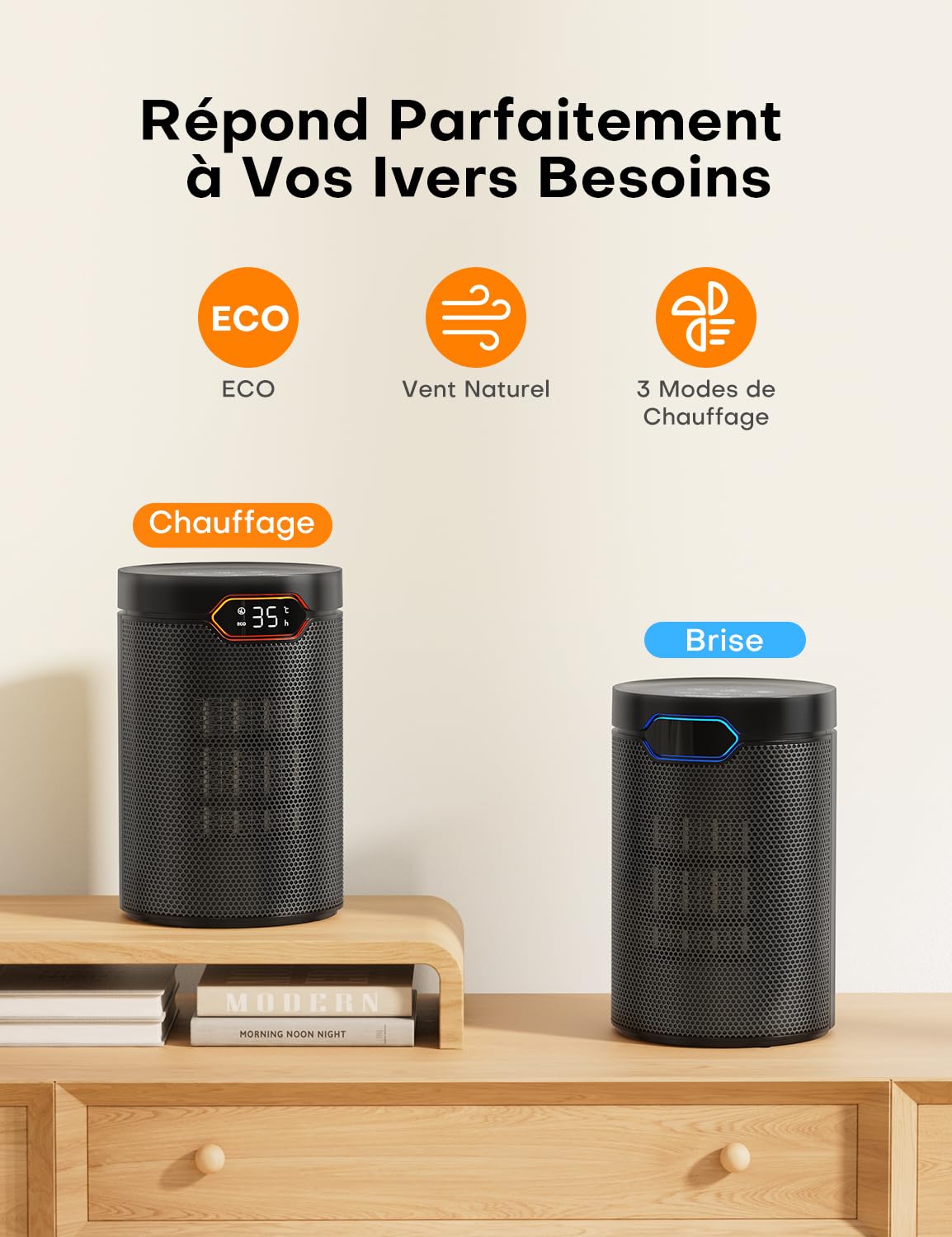 QEXREED Chauffage d'appoint, Mode Éco, 1500W PTC, 4 Modes Chauffants, Mode Brise, Thermostat, Minuterie 24H, Télécommande, Protection Anti-Surchauffe & Chute, Portable & Silencieux pour Maison, Bureau