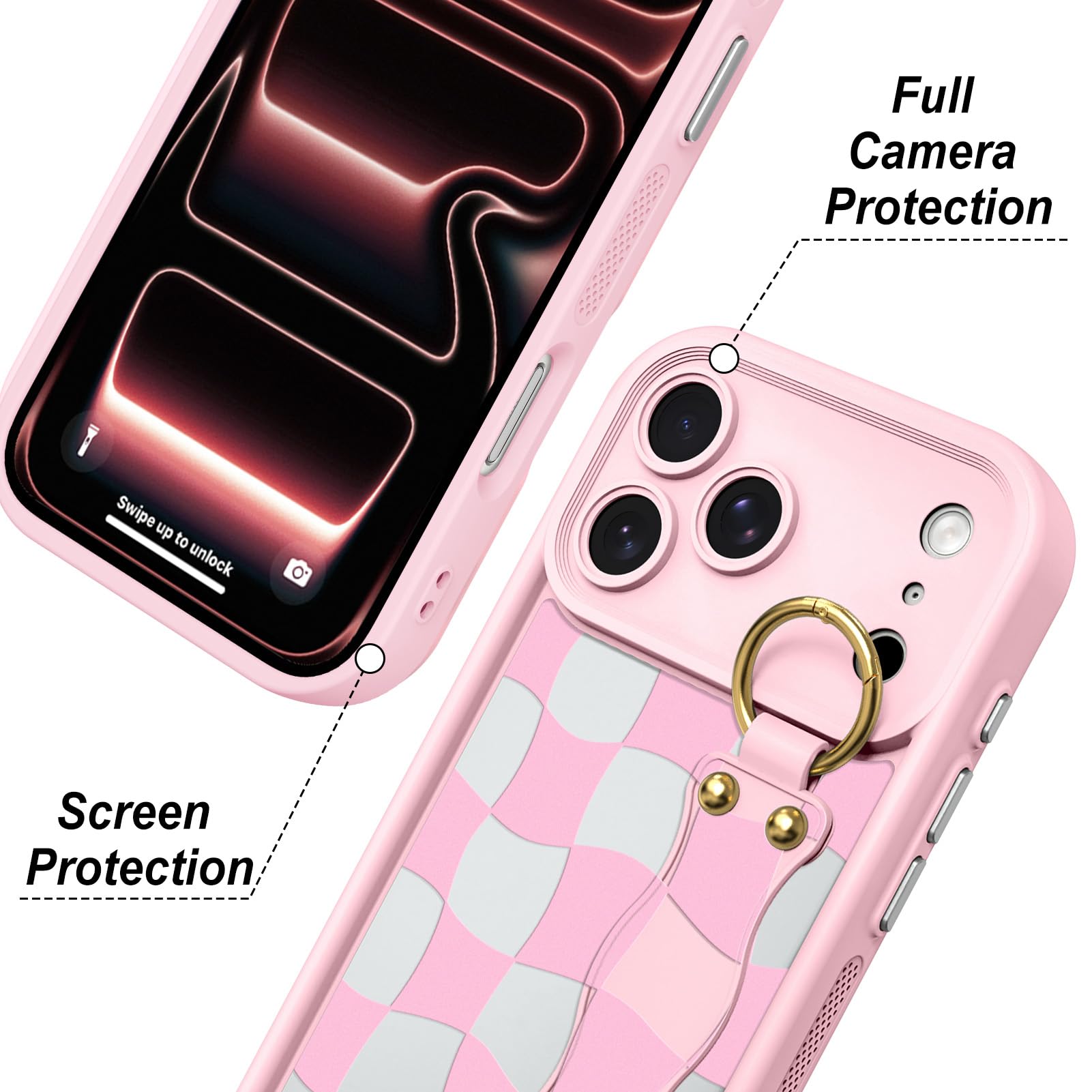 Fiyart Funda a cuadros para iPhone 17 Pro Max con correa de muñeca, soporte
