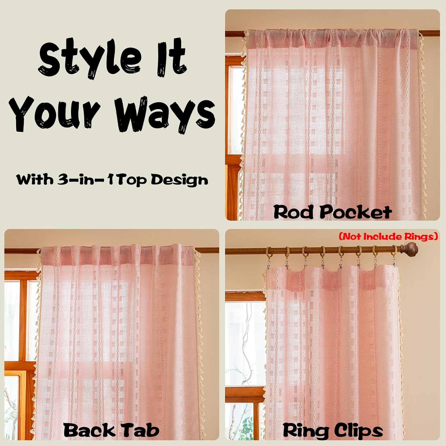 Pink Curtains for Girls Bedroom 2 Panels,Light Pink Nursery Curtains 84 Inches Long,Bohemian Beige Tassels Light Filtering Curtains Shabby Chic Embroidery Striped Draps Back Tab, 50" W image 5