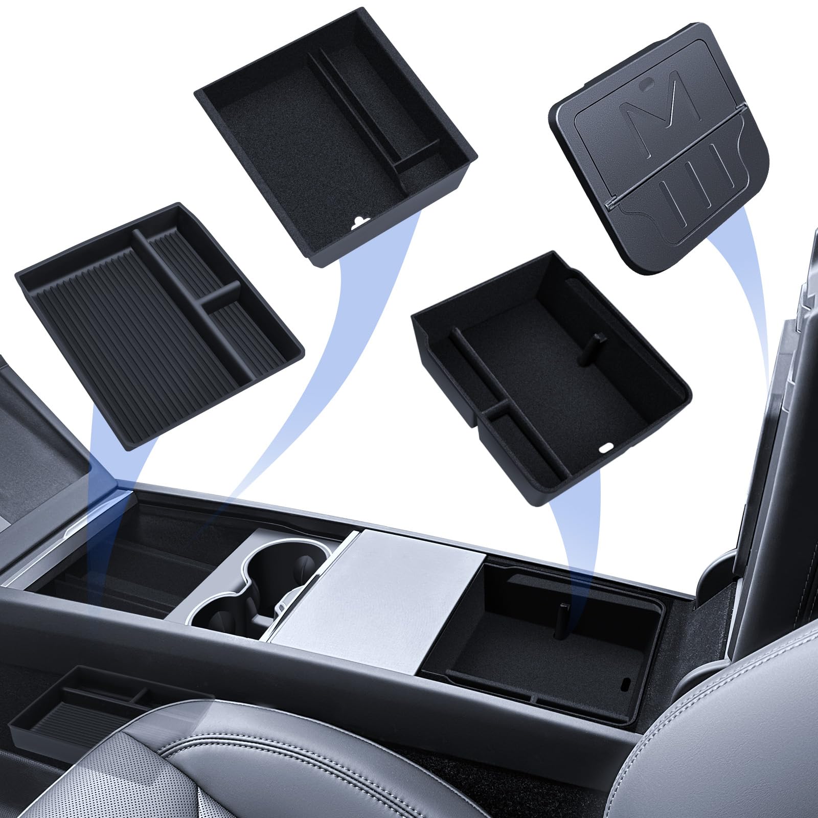 4 accesorios para Tesla Model 3 2024-2026 organizador de consola central, bandeja organizadora de silicona, caja de almacenamiento para reposabrazos y caja oculta (flocado)