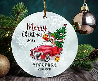 Christmas Red Metal Pickup Truck Xmas Tree Ornaments 2020 With Name City State Underhill Vermont Xmas Ornament Holidays Party Decoration for Home Decor Funny Gift Family Friend