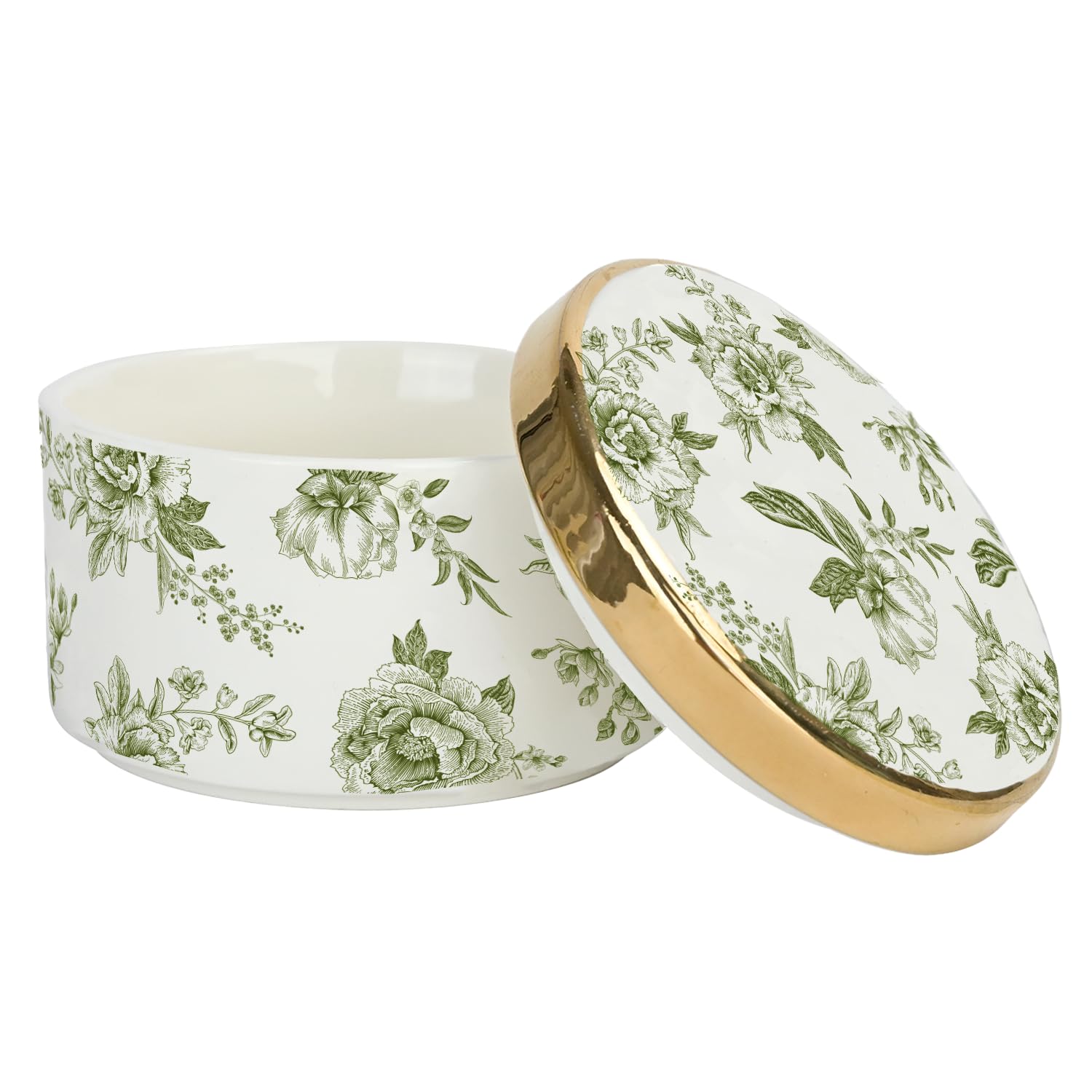 Sweet Water Decor Green Delft Round Trinket Box, Jewelry Storage for Bathroom Counter or Nightstand, Ring Holder for Bridal Shower, Wedding, or Home, Elegant Jewelry Holder &amp; Organizer for Women
