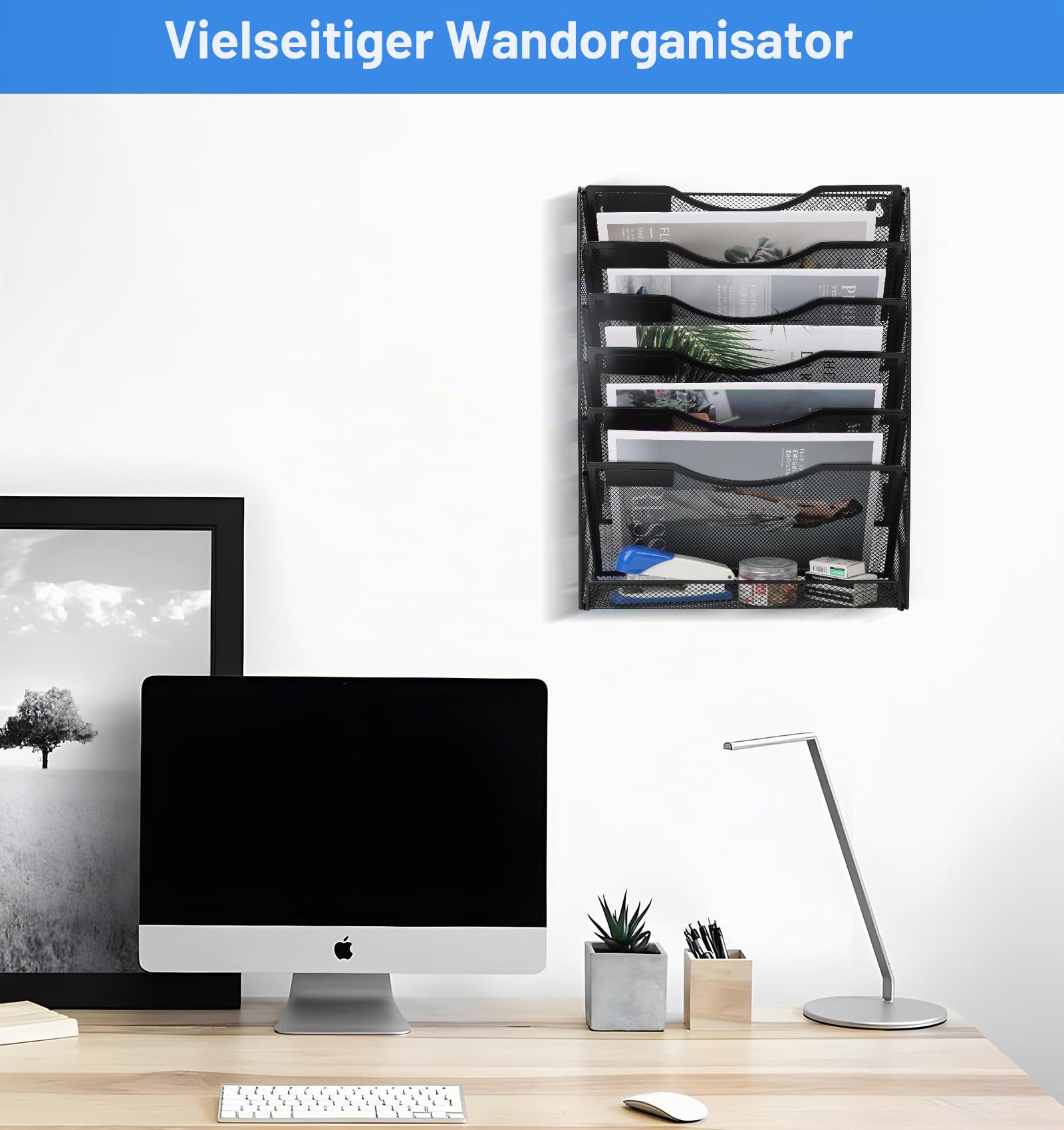 TQVAI Schreibtisch Organizer, 7 Fächer Zeitschriftenhalter Wand Metall Dokumenten Organizer A4 Papier Ablage Postsortierer für Büro Zuhause Schule, Schwarz