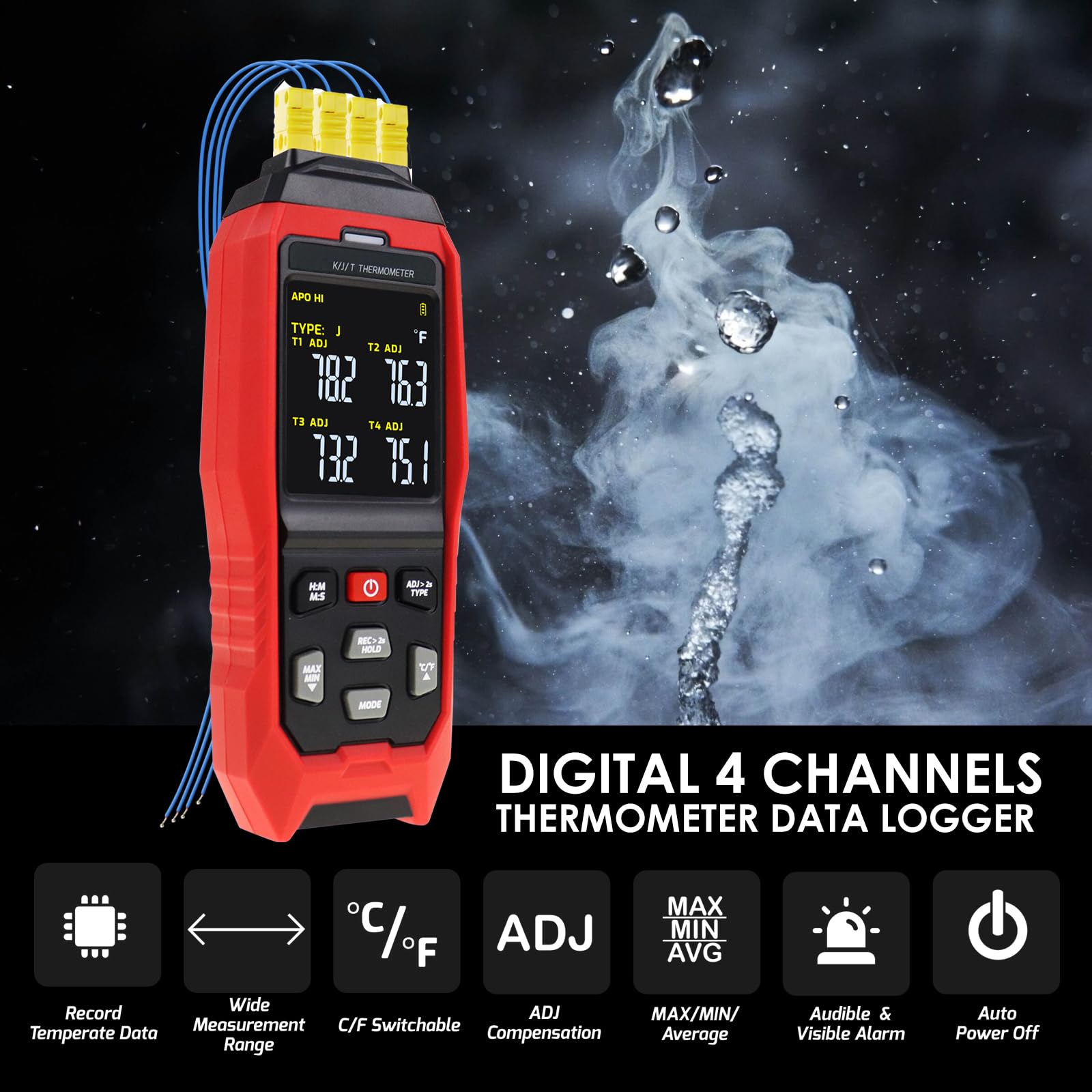 Registratore Dati Termometro a Termocoppia 4 Canali Tipo K, -328~2501°F, Allarmi Acustici Visivi