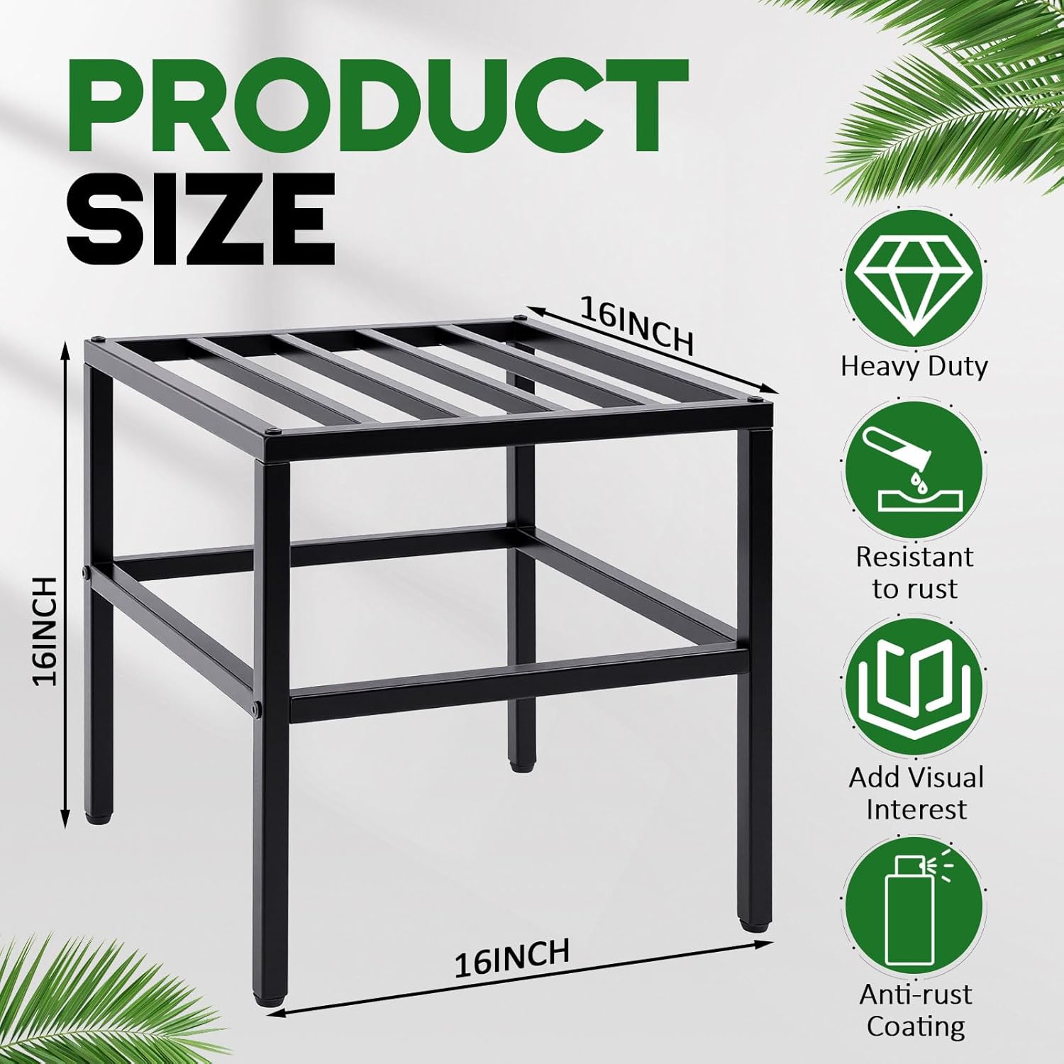 Shimeyao 16 Inch Large Plant Stand Indoor Outdoor, Heavy Duty Metal Square Iron Flower Pot Stand with Adjustable Feet, 200 Lbs Capacity for Patio Garden Living Room Decor