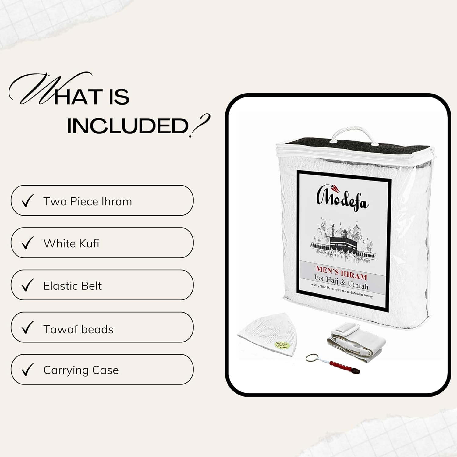 Modefa Islamic Men's Ihram Towel Set for Hajj Umrah - 2 Piece Set - 110 x 220, 100% Cotton - Combo with Belt, Kufi and Tawaf Beads