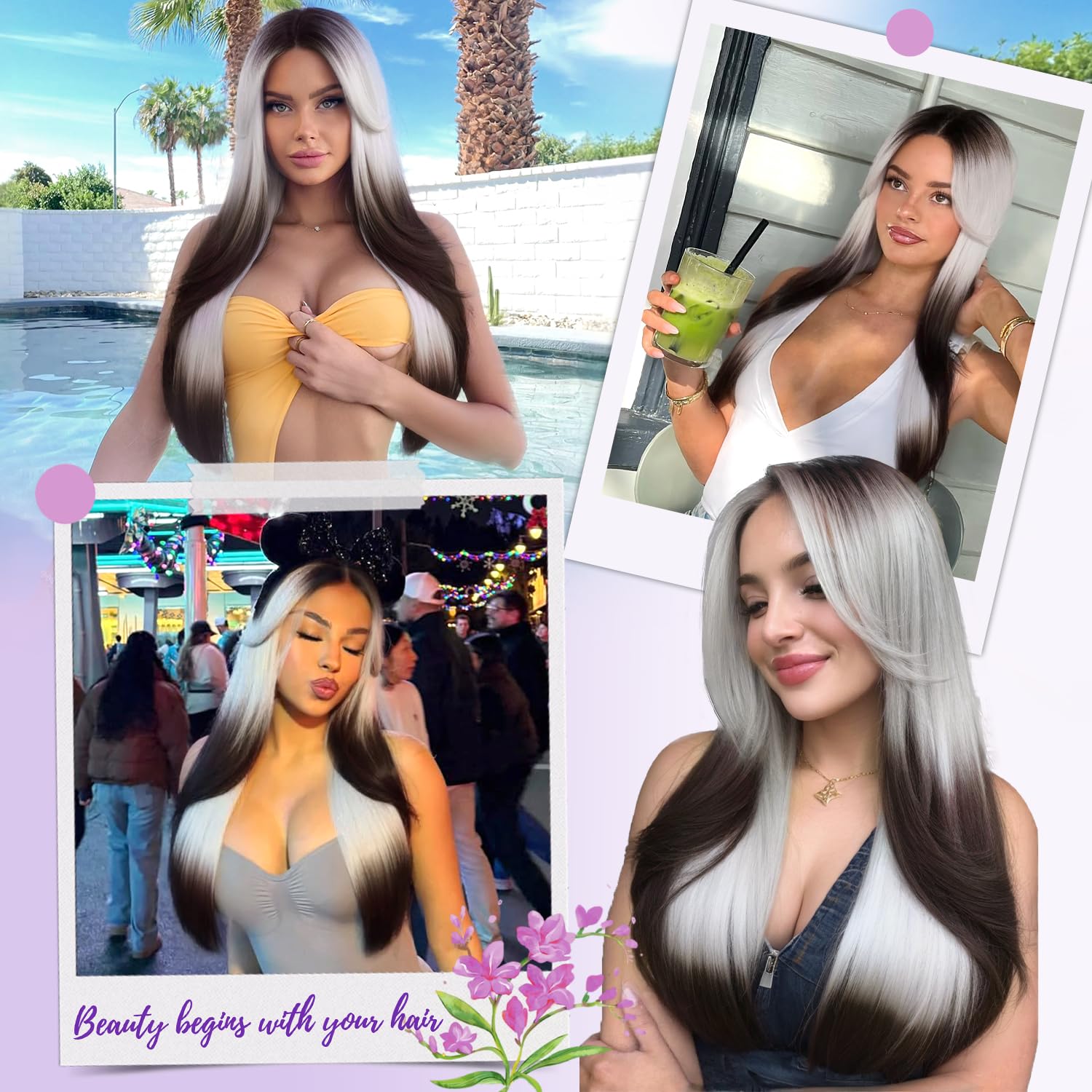 Eawwii Ombre Gray Brown Glueless Wigs for Women Pre Cut Synthetic Lace Hairline Long Layered Straight Hairstyle 26 Inch