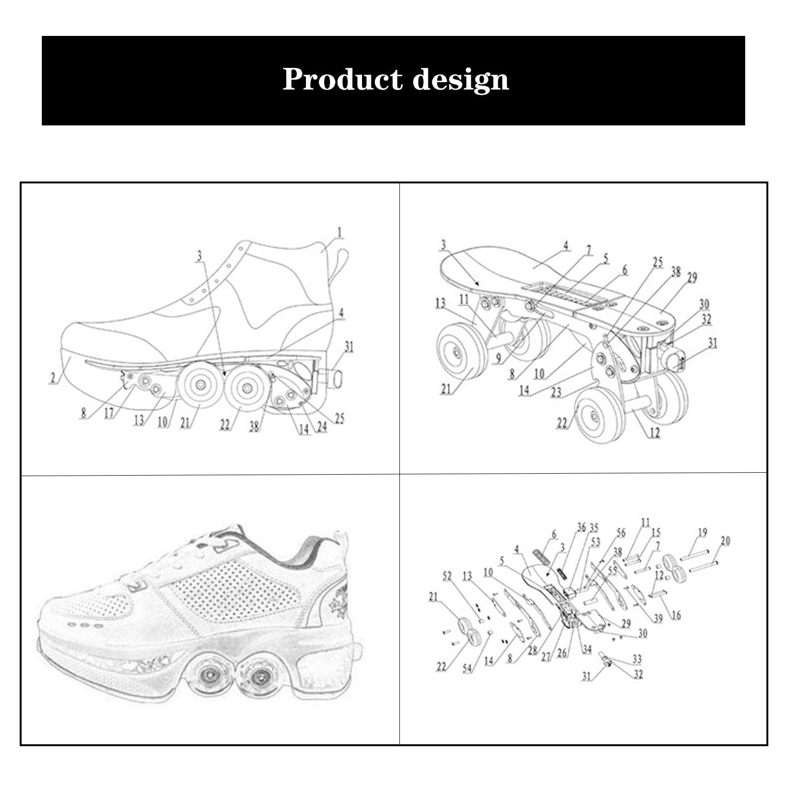 Pattini A Rotelle Scarpe per Bambini per Adulti con Doppia Ruota, Pieghevole Diventa Sneaker Sportive per Allenatore Sportivo per Ragazze dei Ragazzi,EUR41