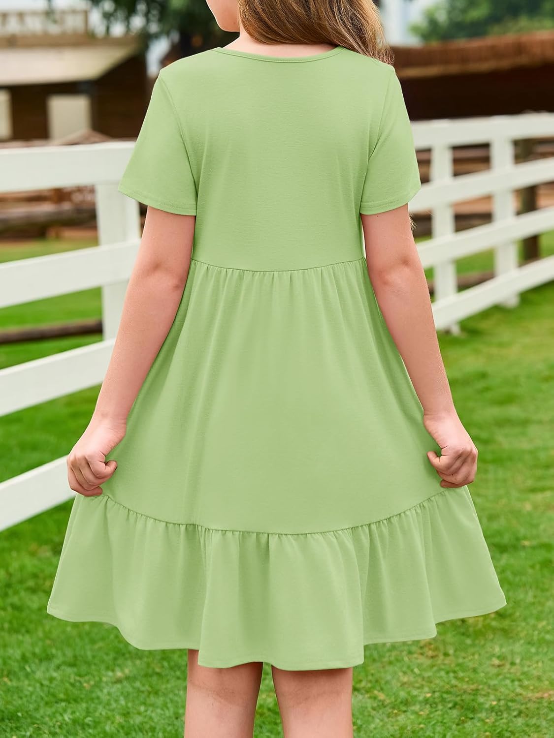 Haloumoning Girls Dresses Kids Summer Short Sleeve Square Neck Dress with Side Pockets 5-14 Years - Image 5