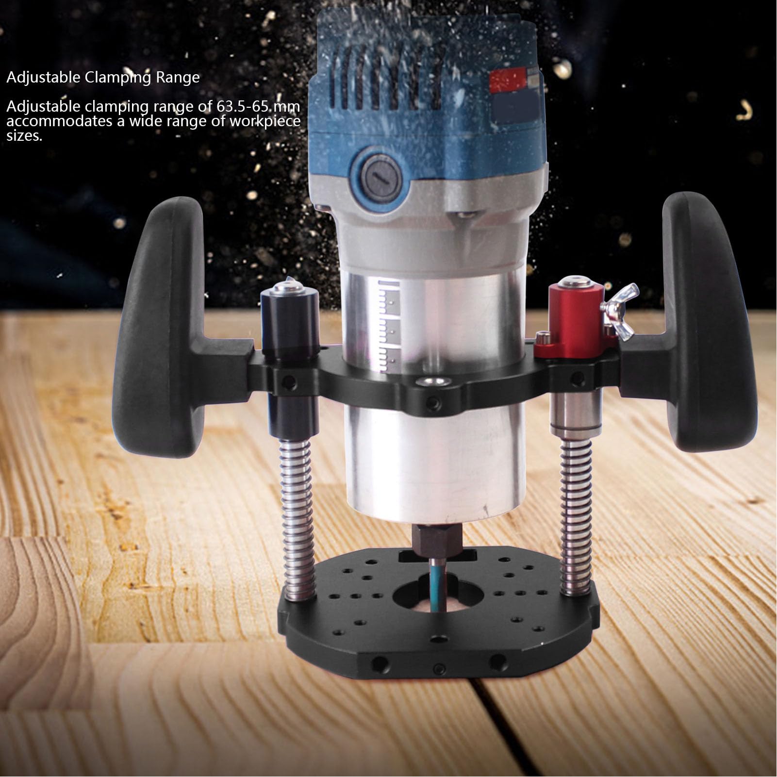 Ejoyous Router Lift System, Router Lift Base regulowany skok stołu frezarskiego ze stopu aluminium uchwyt do frezarki do obróbki drewna, zakres zacisku 63,5-65 mm