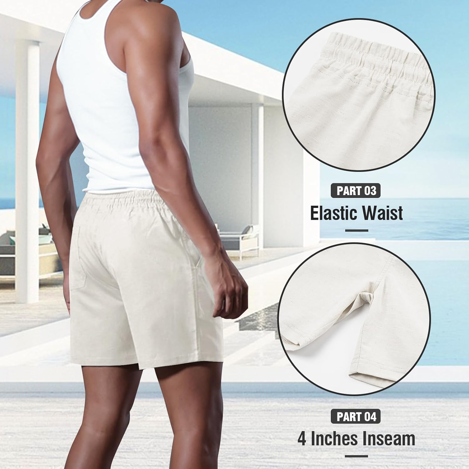 Mens Cotton Linen Shorts 4 Inch Inseam Drawstring Casual Beach Shorts with Pockets - Image 4