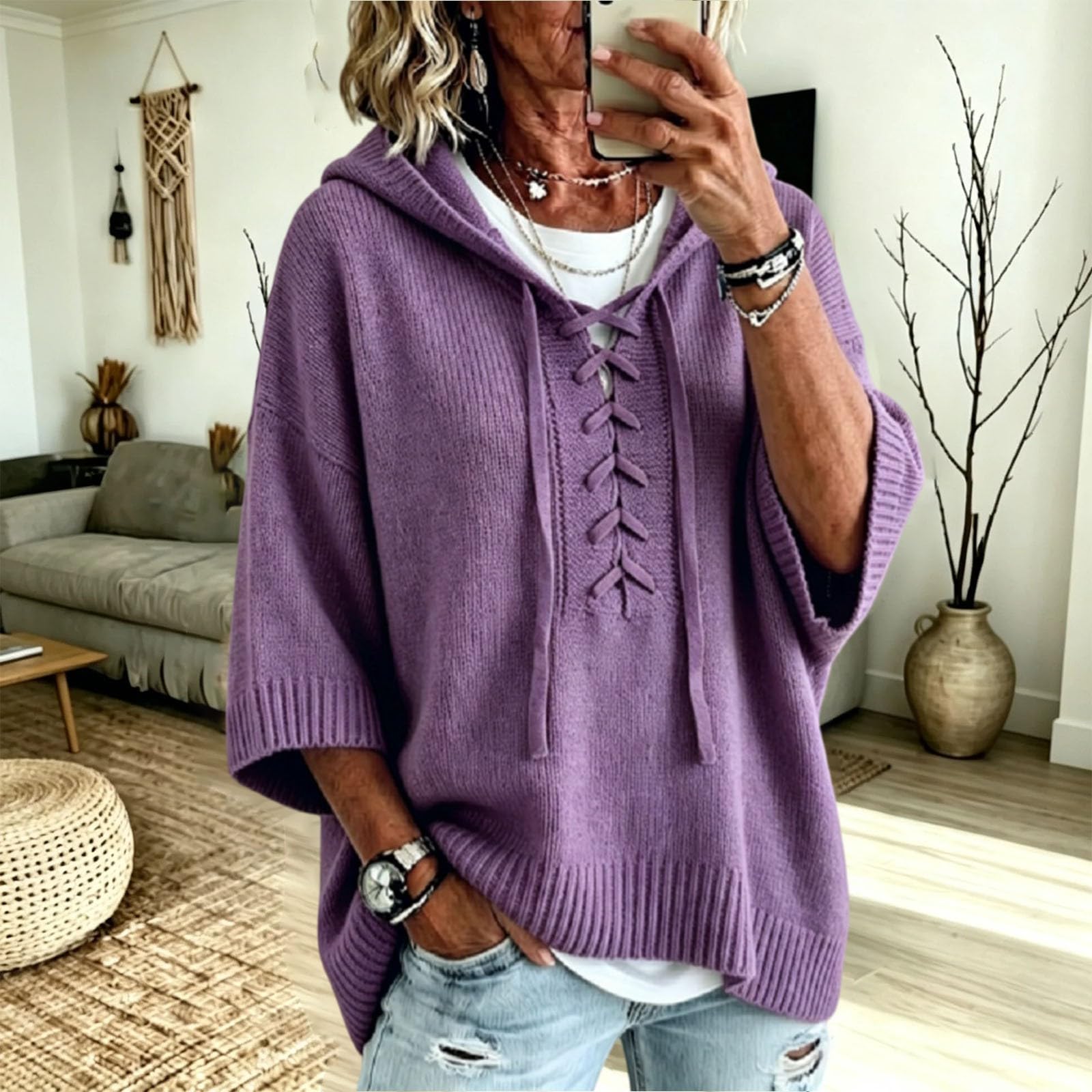 Generisch Felpa da donna in cotone, oversize, casual, tinta unita, elegante, lavorata a maglia, con cappuccio, confortevole, a maniche a 3/4, calda