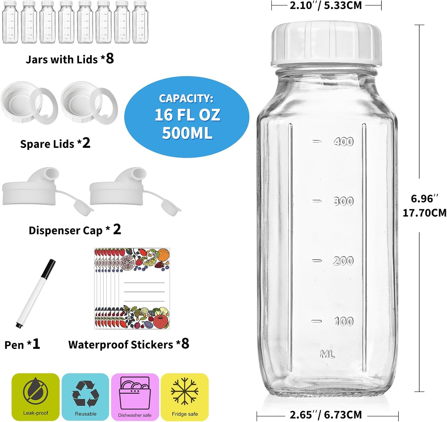 8 Pack 16 Oz Reusable Glass Milk Bottles w 100% Airtight Heavy Duty SCREW Lid & 2 Pour Spouts - Glass Juice Bottles w Capacity Mark - Beverage Drinking Jar Juice Container Breast Milk(Extra 2 Lids) - Image 3