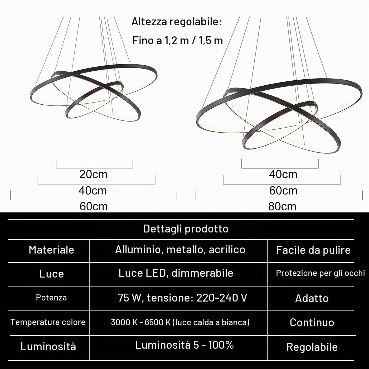 Lampadario Sospensione LED Moderna Oro, Dimmerabile Lampadari Soggiorno con Telecomando 115W, 3 Anelli Lampada a Sospensione Regolabile in Altezza per Sala da Camera Pranzo 40+60+80cm