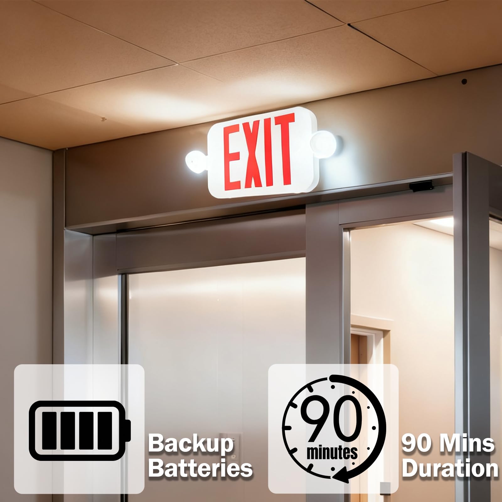 Letrero de salida de emergencia con 2 luces de cabeza ajustables y baterías de copia de seguridad, color rojo estándar de los Estados Unidos, con voltaje de 120 a 277