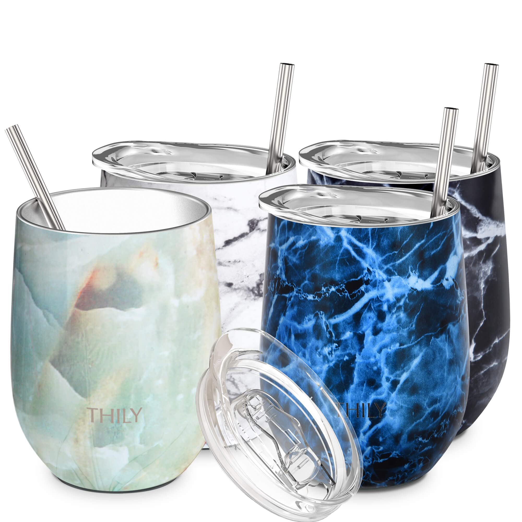 THILY,Vaso de vino sin tallo de acero inoxidable, paquete de 4 copas de vino de viaje con aislamiento al vacío con tapas deslizantes y popote, 12 onzas, cerveza, serie de mármol