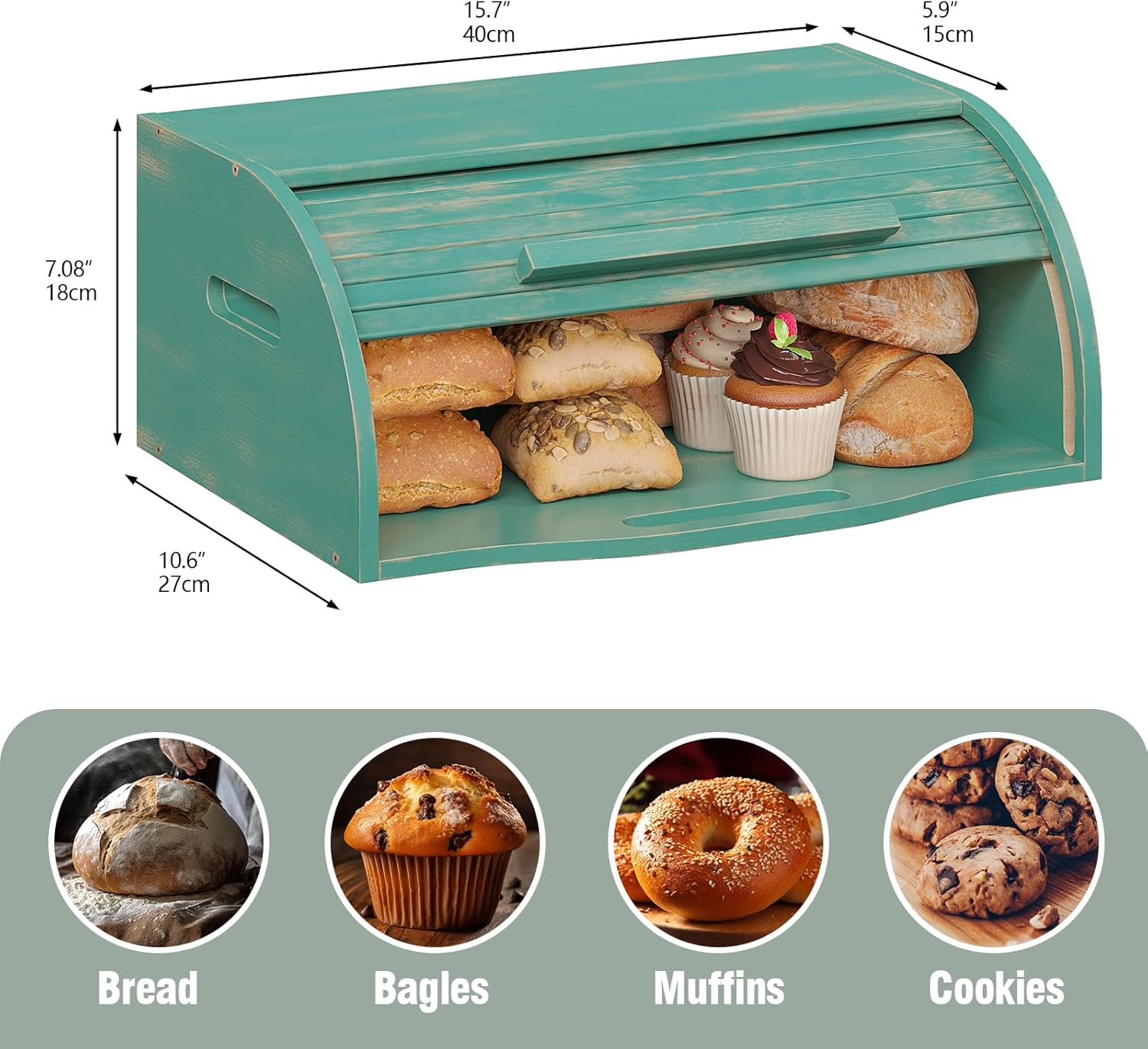 Trironsun Bamboo Roll Top Bread Box for Kitchen Countertop Large Capacity Bread Storage Bin Wooden Bread Storage Organizer Natural Breadbox for Food Storage (Antique Blue)