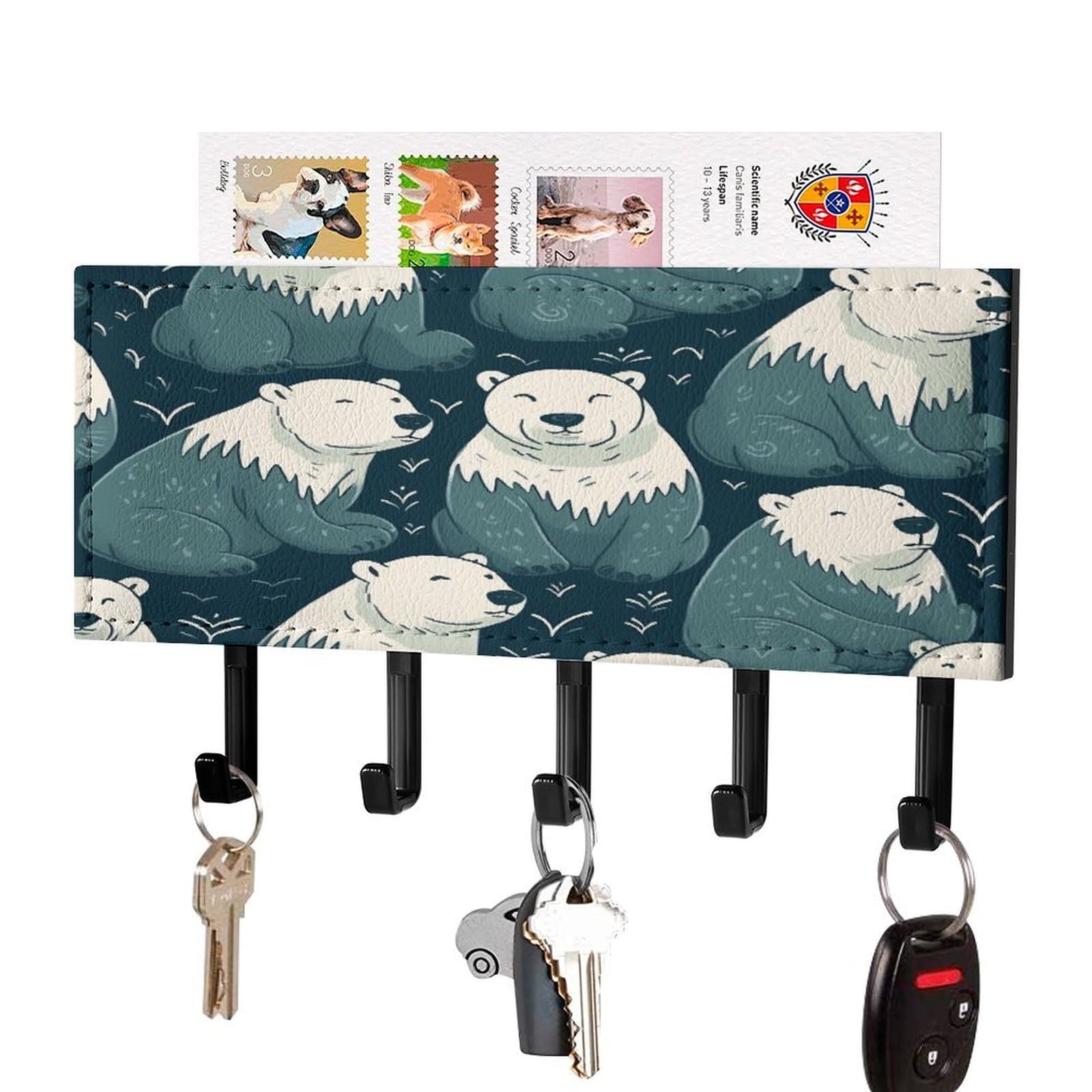 VstaDank Polar Bear Pattern Key Holder for Wall Decorative Mail Organizer Wall Mount with 5 Hooks Easy Installation Key Rack PU Adhesive Keys Rack for Entryway Door Bathroom Kitchen
