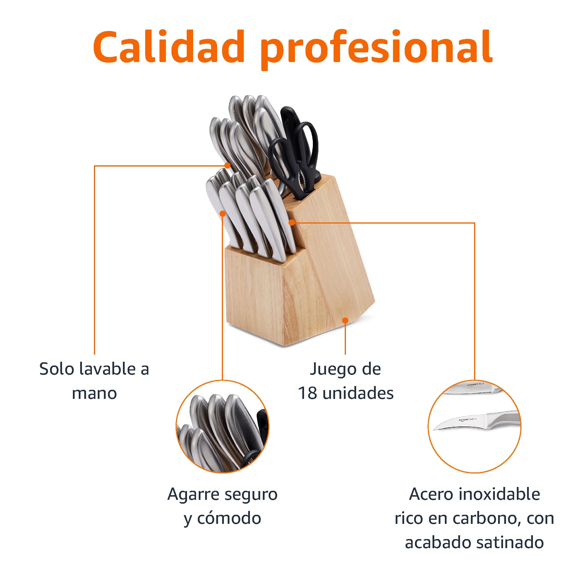 Amazon Basics Cuchillos de acero inoxidable con mango cómodo y bloque de almacenamiento, 18 Unidad, Paquete de 1, Negro