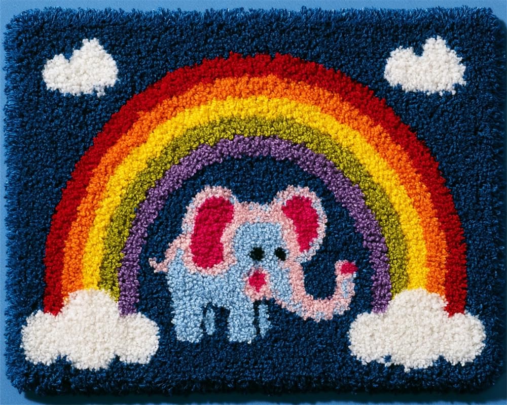 FWRTYCB Latch Hook Rug Kit Little Elephant Under a Rainbow