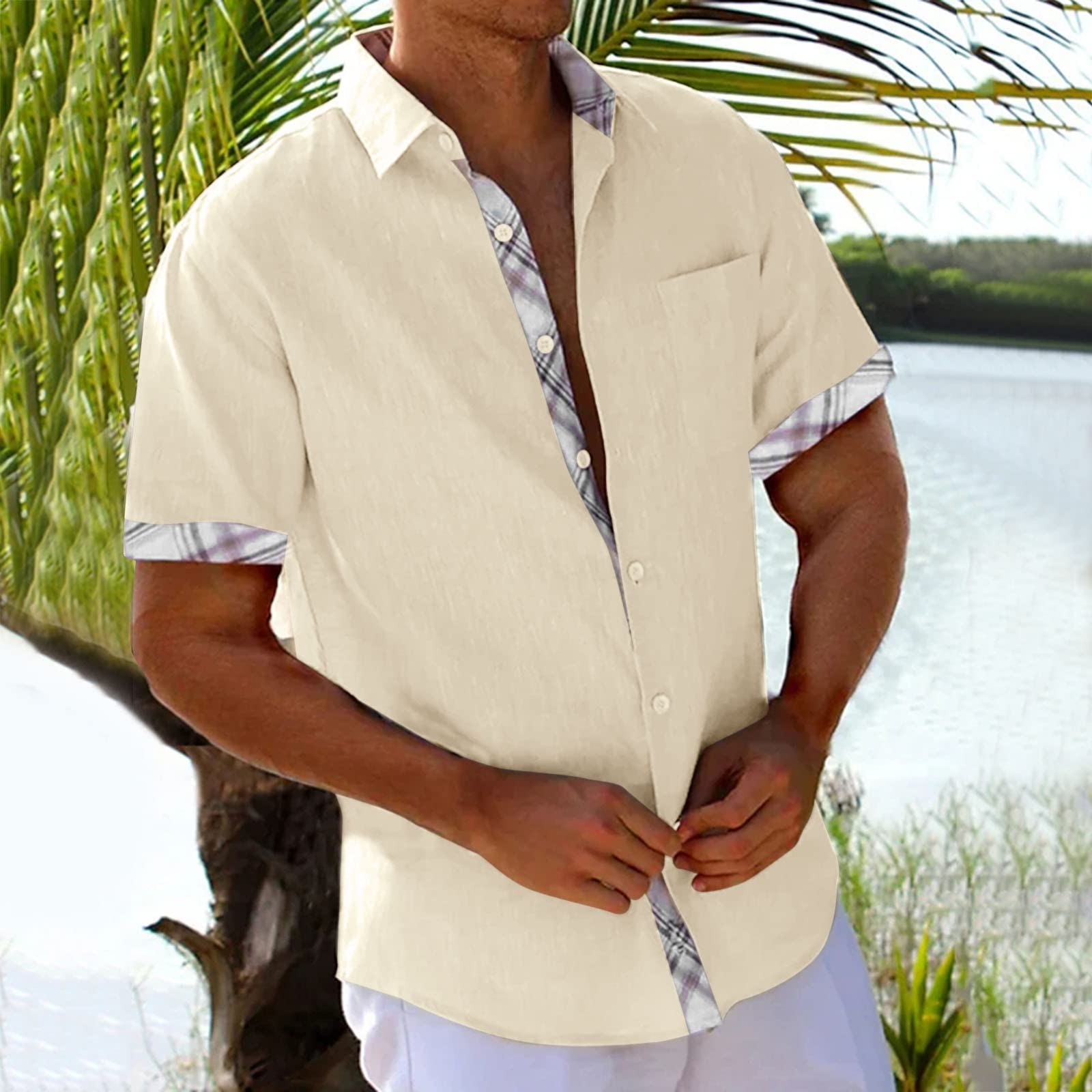 Herren Hemd Kurzarm, Kurzarmhemd Herren Sommer V-Ausschnitt Knopfleiste Sommerhemd Leicht Hemden Formell Herrenhemden Einfarbig Dünn Atmungsaktive Freizeithemd Regular Fit Business Outdoor Hemd Jacke