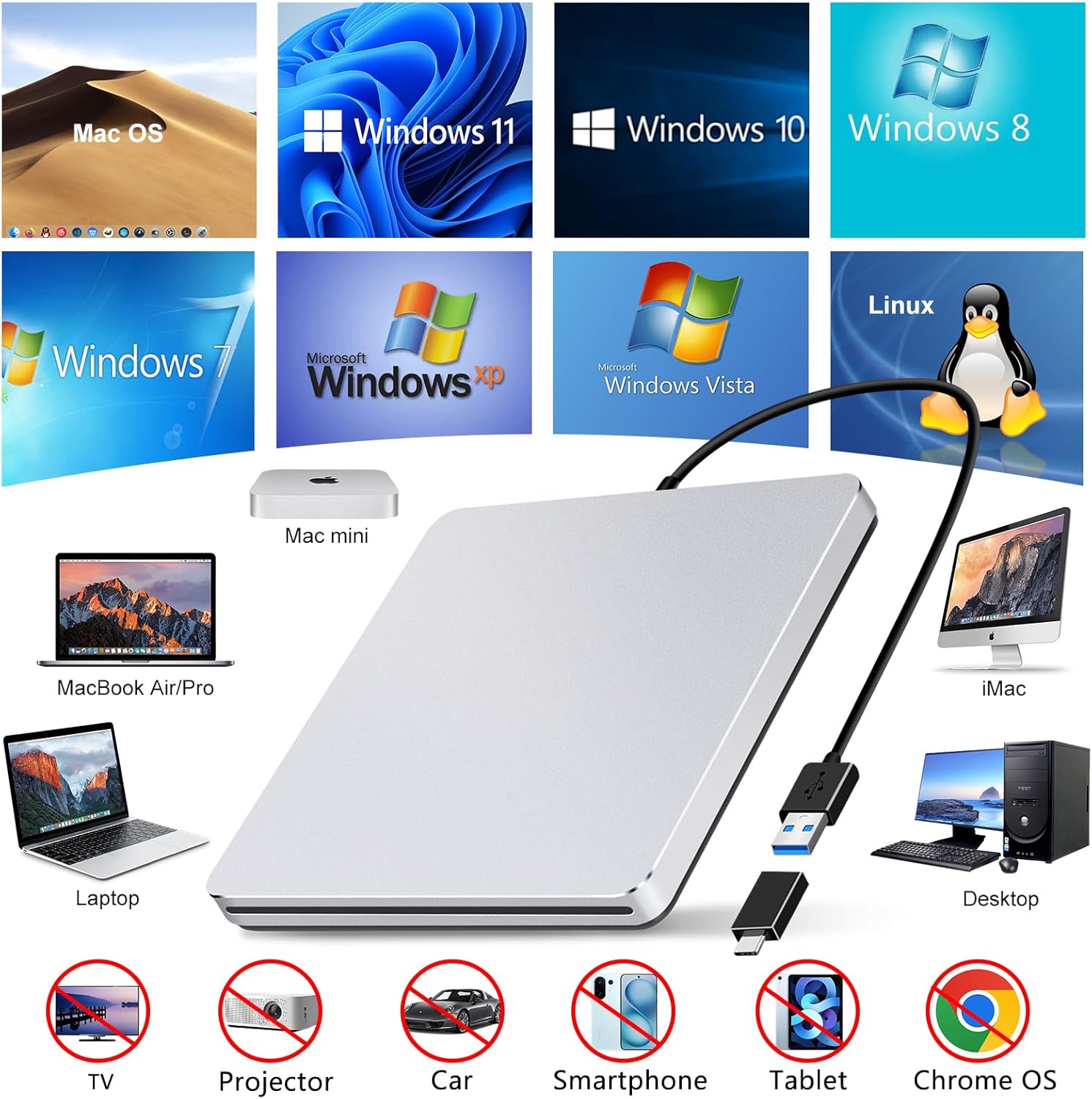 Guamar USB 3.0 Superdrive for Apple: External DVD Drive for Mac MacBook Plug & Play CD Reader Burner for Laptop PC Windows with USB-C Adapter/Carrying Case - Aluminum Silver