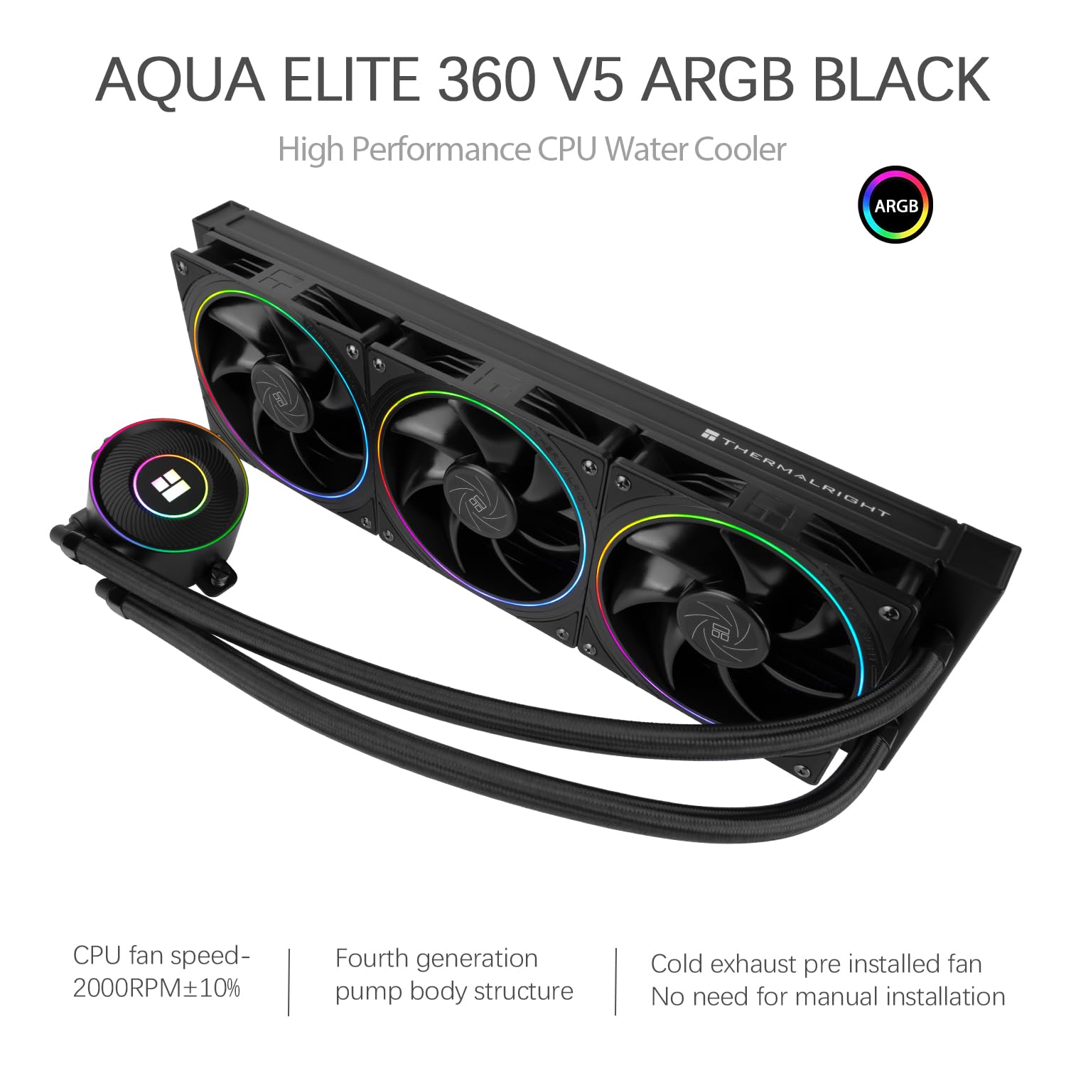 TR-Thermalright AQUA ELITE 360 V5 ARGB Black Liquid CPU Cooler, 360 mm Aio Cooling, 3 ventole PWM ARGB-2000RPM, per AM4/AM5, Intel LGA1851/1700/115x/1200 (nero)