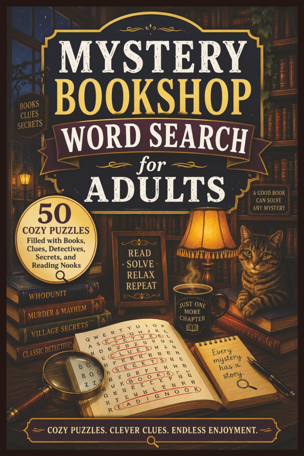 Mystery Bookshop Word Search for Adults: 50 Cozy Puzzles Filled with Books, Clues, Detectives, Secrets, and Reading Nooks (Word search books collection)
