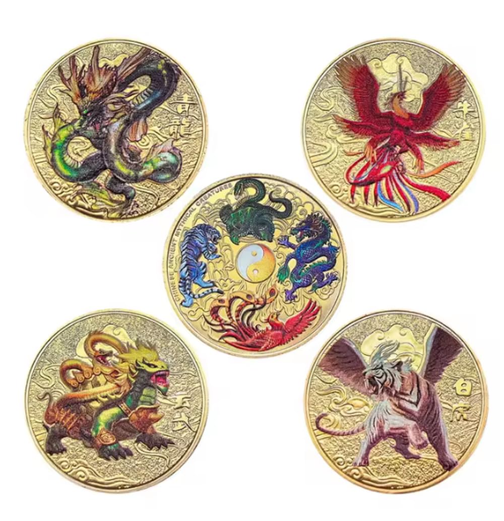 Monedas Conmemorativas De Criaturas Míticas Antiguas Chinas, Monedas Conmemorativas Chapadas En Oro, Monedas Coleccionables, Monedas De Desafío, Regalo De Recuerdo, 5 Piezas/Juego