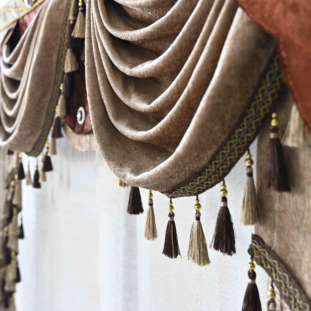 Luxury Brown Burgundy Floral Waterfall Swag Valance with Tassels for Living Room Bedroom Windows European Design Rod Pocket Top (200 cm, 1 Panel)