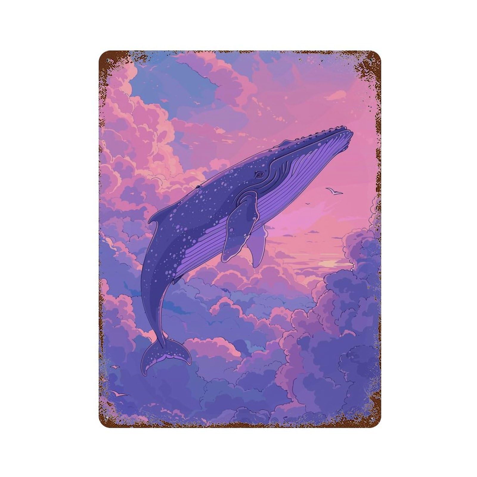 Whale Flying on Sky Retro 15.7"x11.8" Retro Metal Sign, Industrial Home Decor for Office, Studio And Wall Decor