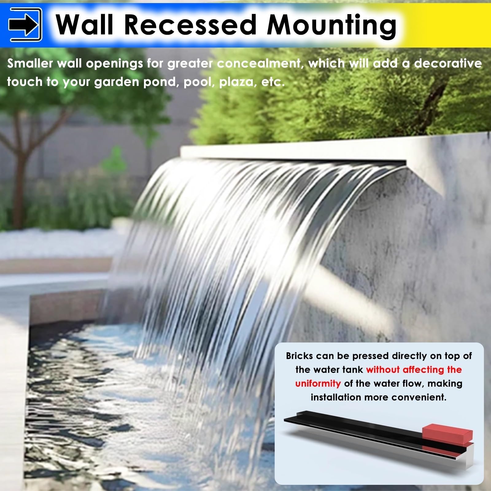 Fontana da piscina a cascata larga 40,6 cm in acciaio inox, design da incasso a parete con connettore per tubi, ideale per giardino, stagno, patio, terrazza, caratteristiche dell'acqua (argento)