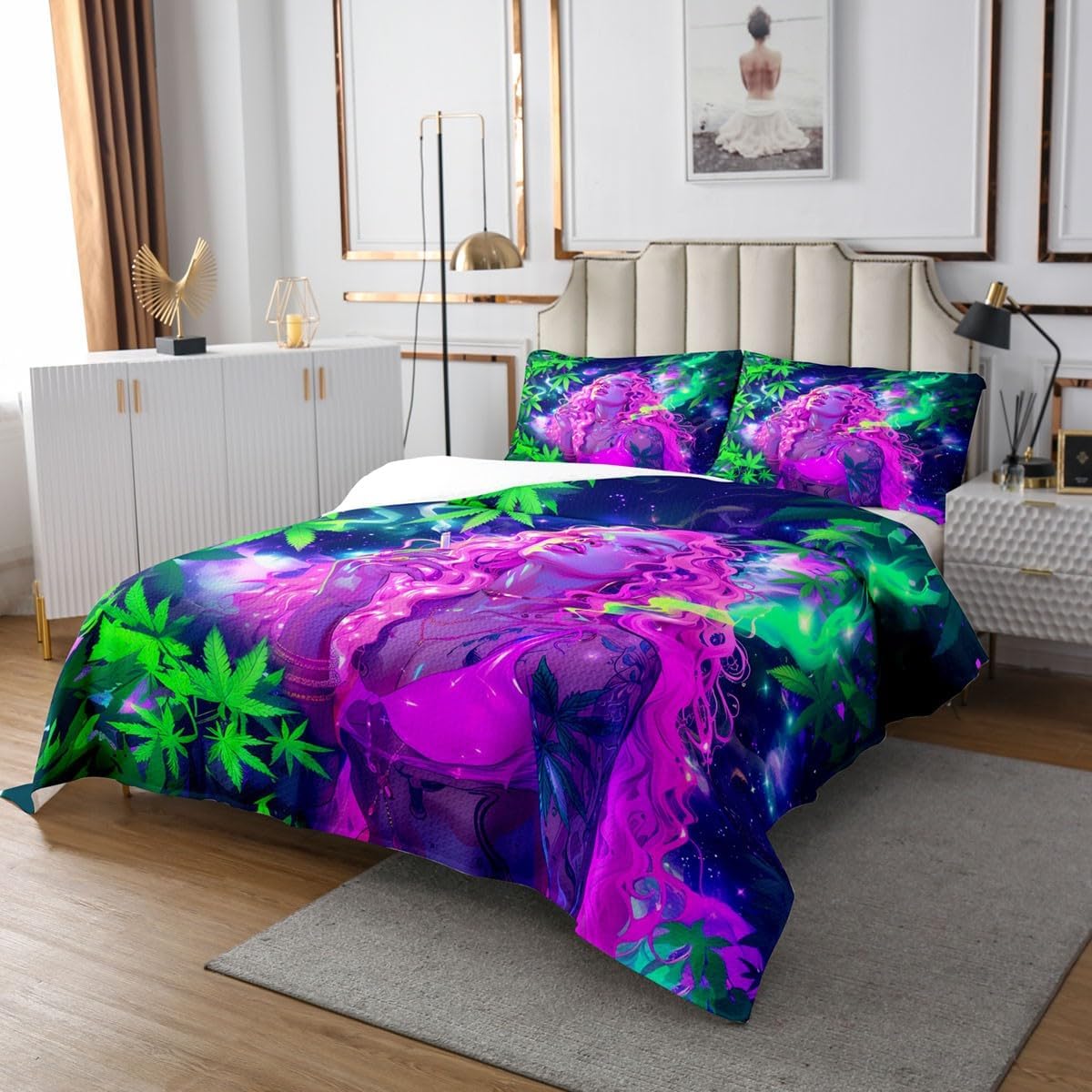 Homewish Smoke Cool Girl Bedspread Twin Size,Trippy Mushroom Bedding Sets 2Pcs for Kids Girls Boys Teens Room Decor,Marijuana Leaf Comforter Set Exotic Hippie Style Quilt Coverlet,1 Pillowcase