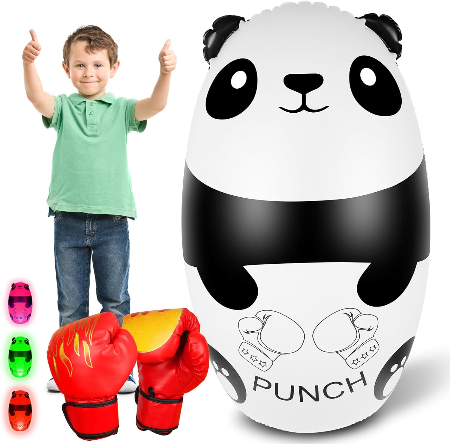 Punching Bag for Kids with Boxing Gloves - 120cm Light Up Panda Kids Punching Bag Inflatable Stress Relief Toy for 3-9 Year Olds - BPA-Free (3xAAA Batteries Not Included)