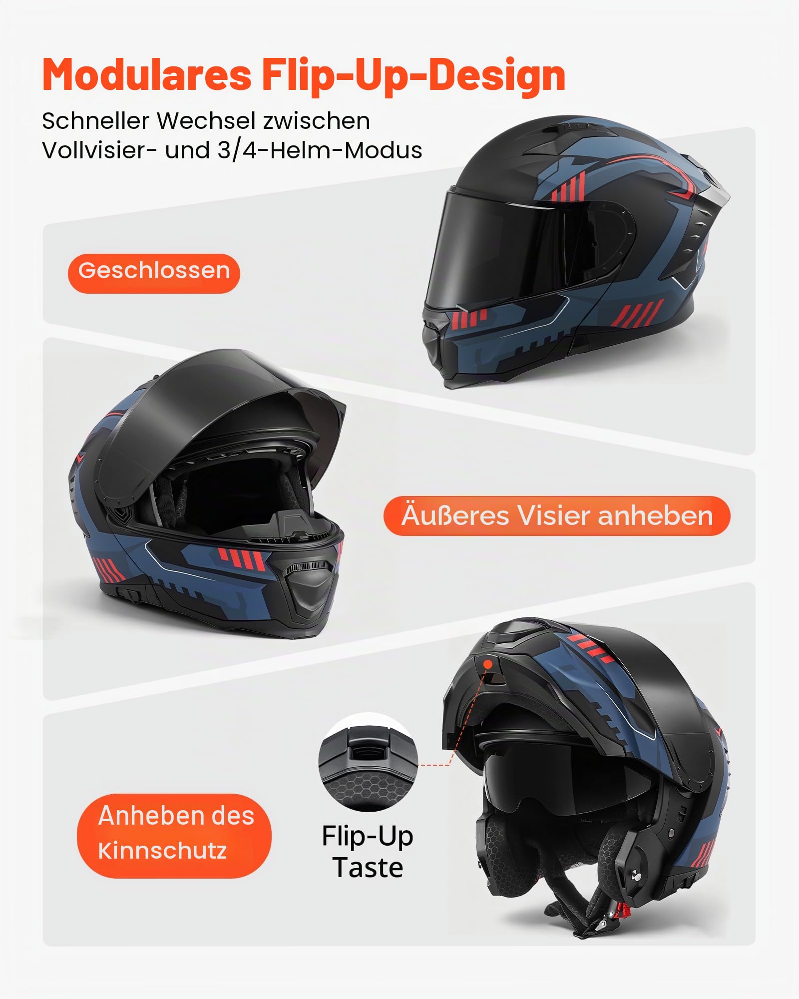 VEVOR Klapphelm mit Doppelvisier Größe M, Modularer Motorradhelm ECE 22.06 Zertifiziert, Straßenmotorradhelm für Erwachsene, Mopedhelm mit Bluetooth-Lautsprecherfach & Herausnehmbarem Innenfutter
