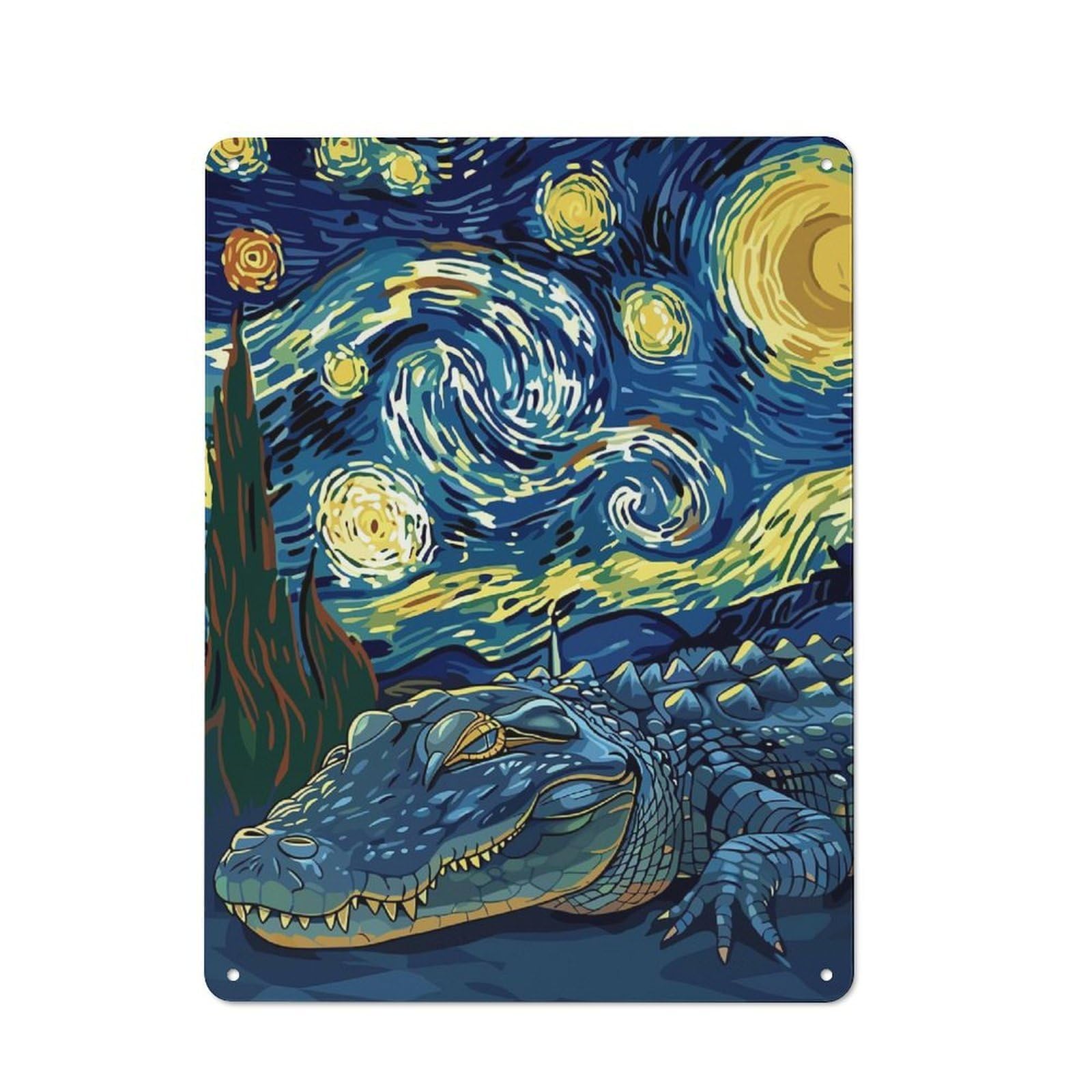 Junmoney Alligator In Starry Night Style Metal Sign 40X30cm With For Pub Or Café, Retro Decor, For Cooler-Month Interiors With Retro Character