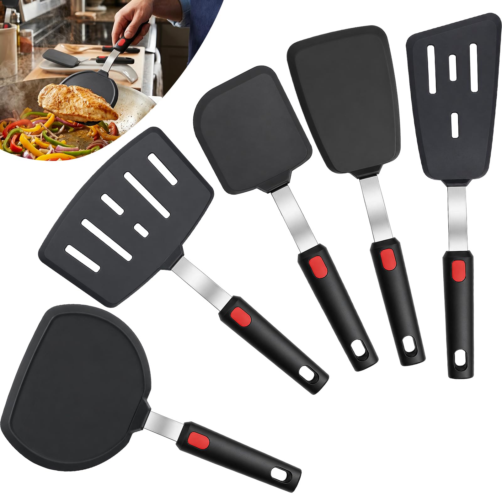 CAIYUANGUANGJIN 5Pcs Silicone Slotted Spatula Set, Heat Resistant Kitchen Utensil Set with Slotted Turner, Egg Flipper, Pancake Spatula, Fish Slice for Cooking Flipping Pressing Fish Eggs Pancakes