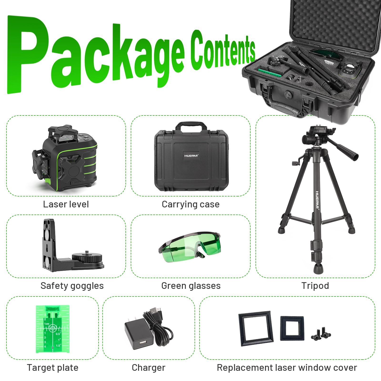 Huepar Livella Laser Verde 3x360°Autolivellante con Treppiede 1,2m, Resistente alle Cadute fino 1,5m,12 Linee,Supporto Magnetico 360°,Modalità Impulso,Portata 50m, Kit Professionale Completo U03CGT