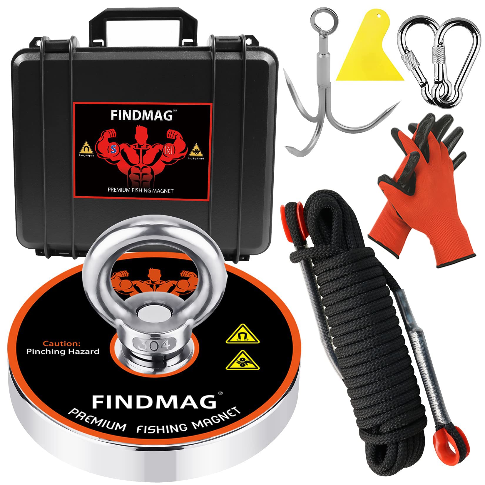 Kit de pêche magnétique avec mallette à outils, aimant de pêche rond extra fort en néodyme avec tension de 1500 lb (680 kg) pour la pêche magnétique et la récupération de rivière - 120 mm de diamètre
