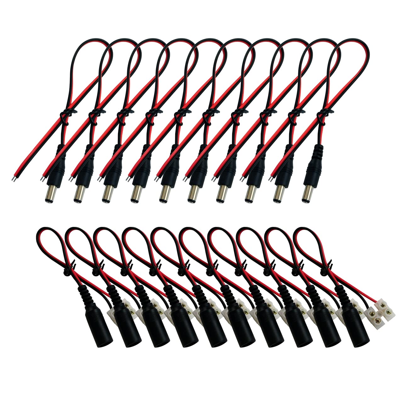 eSecure DC Power Pigtail Flying Leads for CCTV Security Camera, 10pc DC Cord with Plug + 10pc DC Cord with Jack and screw terminal, total 20 pigtails