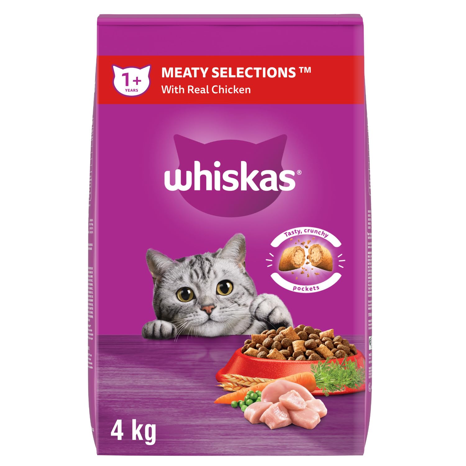 WHISKAS Adult Dry Cat Food Meaty Selections With Real Chicken, 4kg Bag, High Quality Protein, Complete & Balanced Nutrition For Cats 1 Year & Older, No Artificial Colours or Flavou image 7