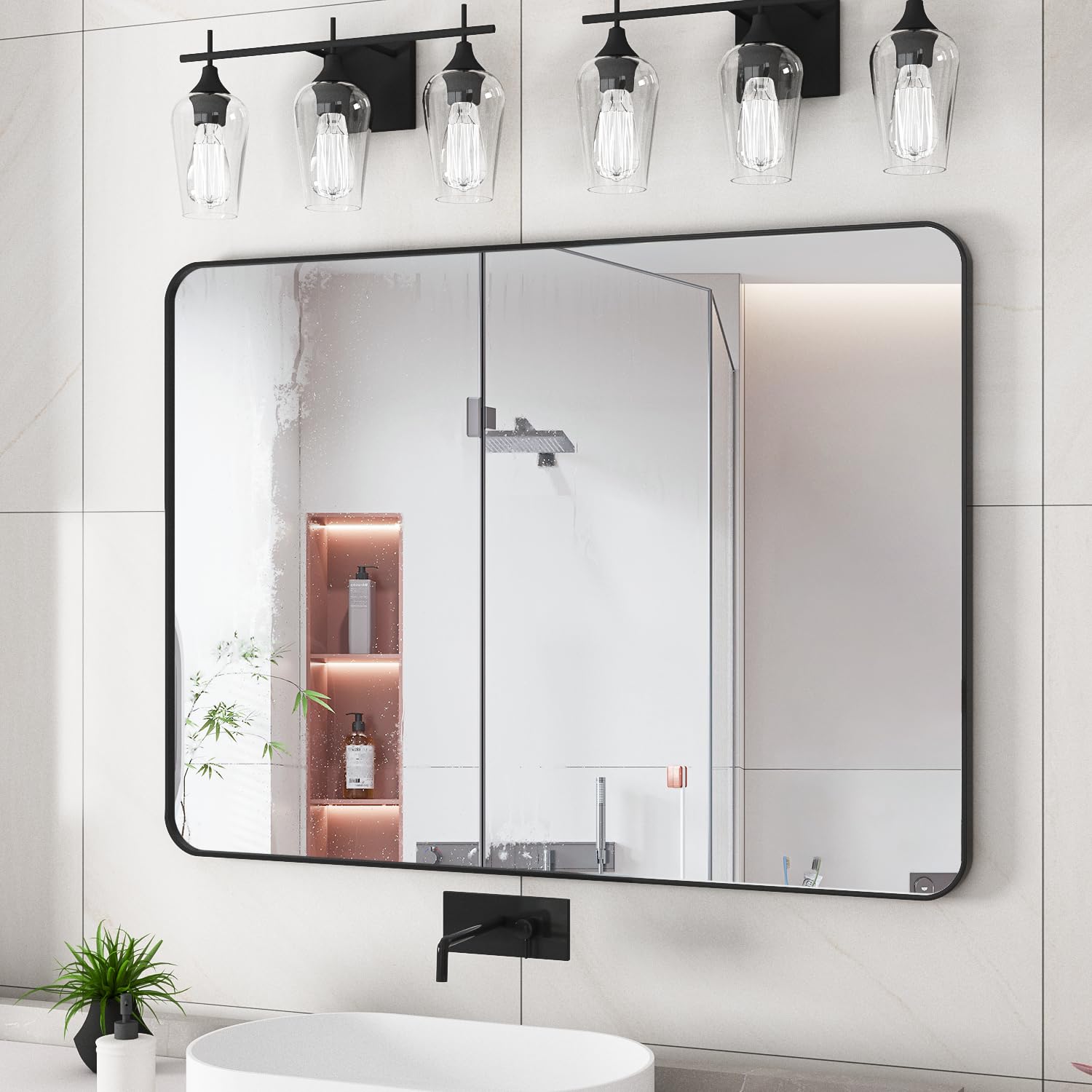 CASSILANDO Espejo de pared para baño, 75 x 102 cm, espejo rectangular negro con marco de aleación de aluminio, esquina redondeada, decoración para entrada, dormitorio, sala de estar