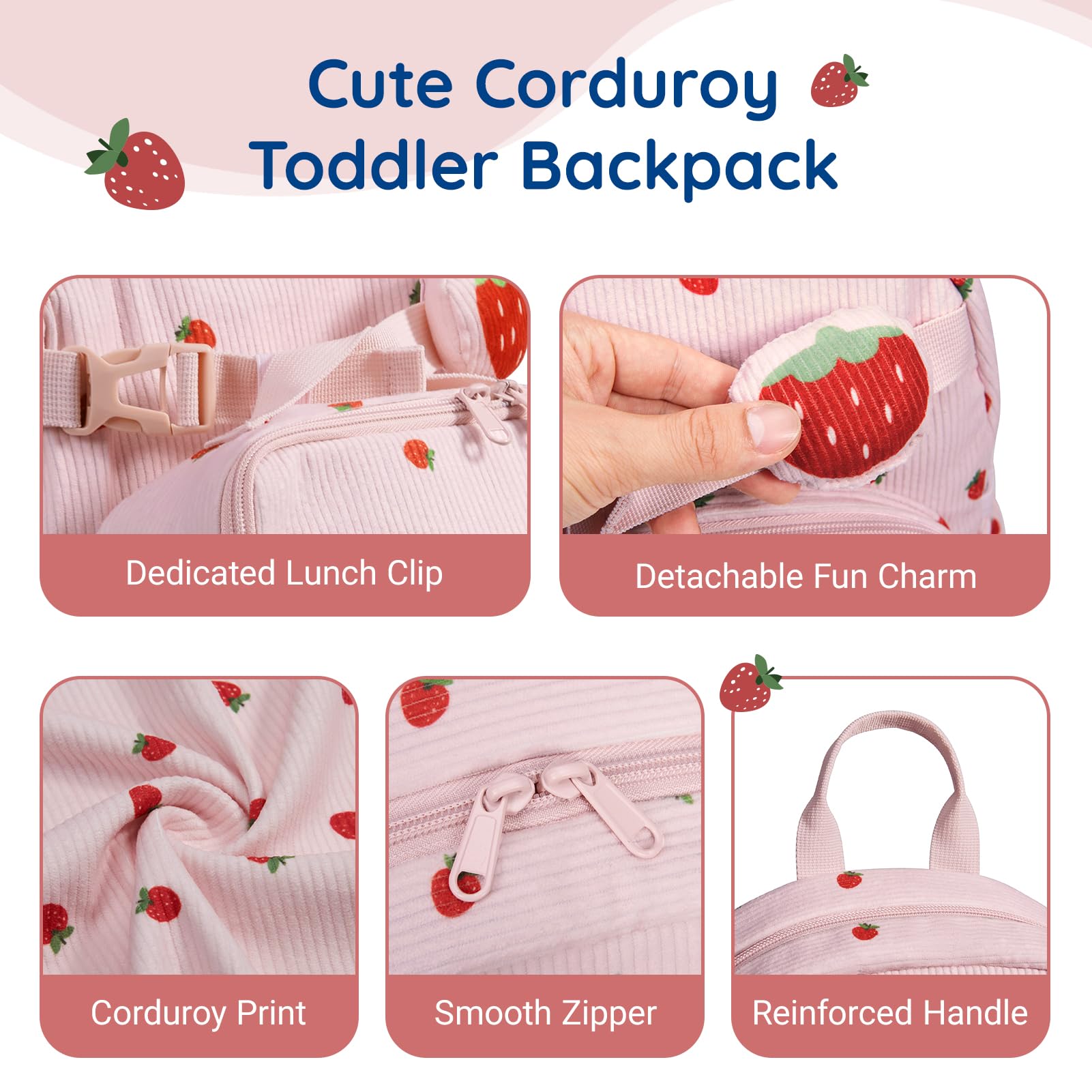 mommore Corduroy Toddler Backpack for Girls 2-4, Kids Backpack with Lunch Box, 13" H Preschool Kindergarten Backpacks for Girls - Strawberry - 4