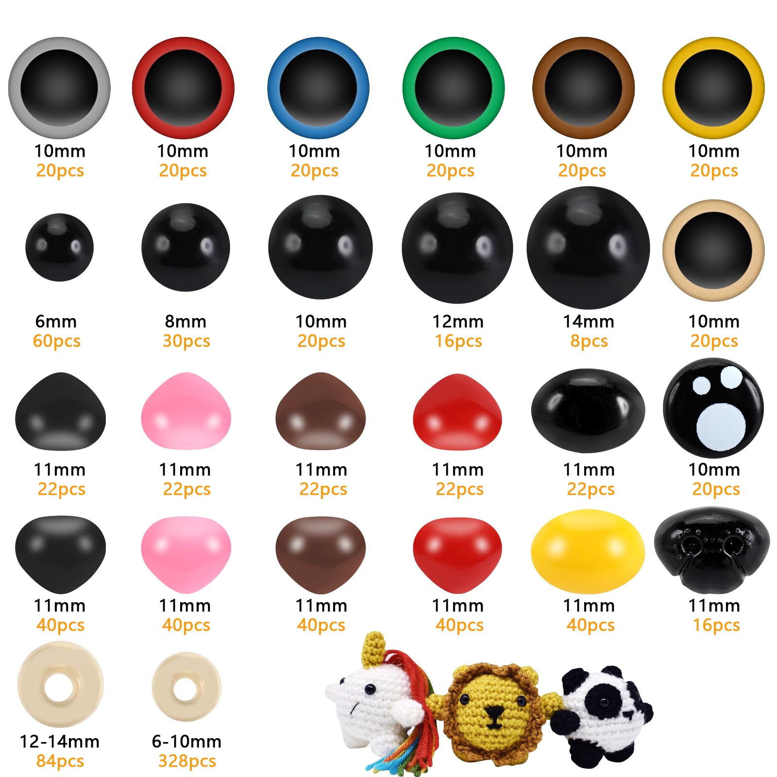 752 Occhi Di Sicurezza Per Amigurumi – Set 5/6/8/10/12 Mm, Assortiti, Con Rondelle, Per Pupazzi Fai Da Te